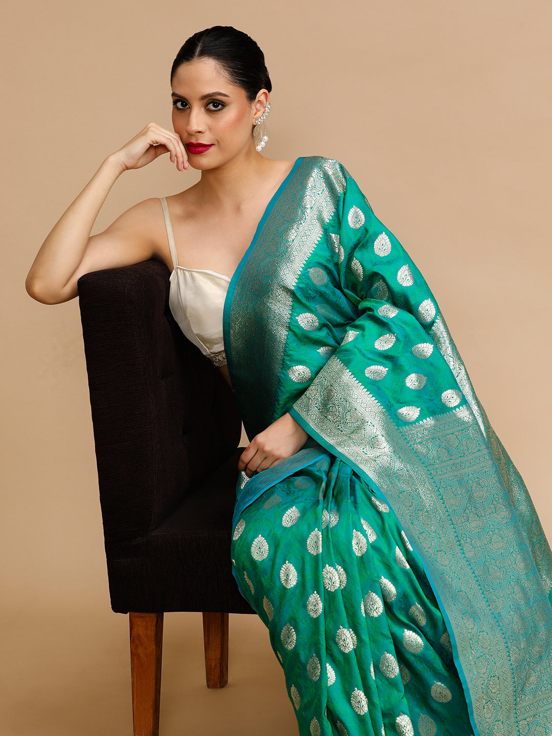 MySilkLove Teal Green Woven Jacquard Lichi Silk Saree
