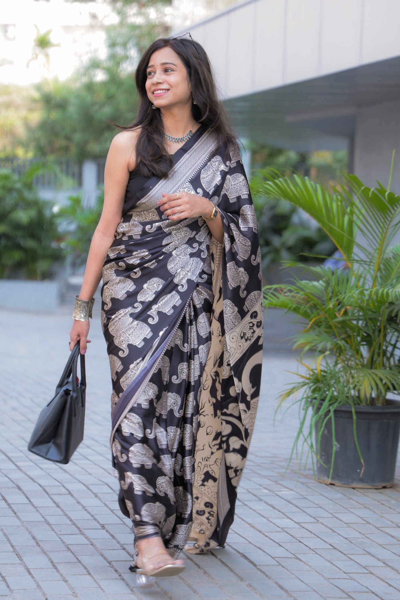 Buy MySilkLove Neutral Black Ajrakh Printed Satin Crepe Silk Saree Online