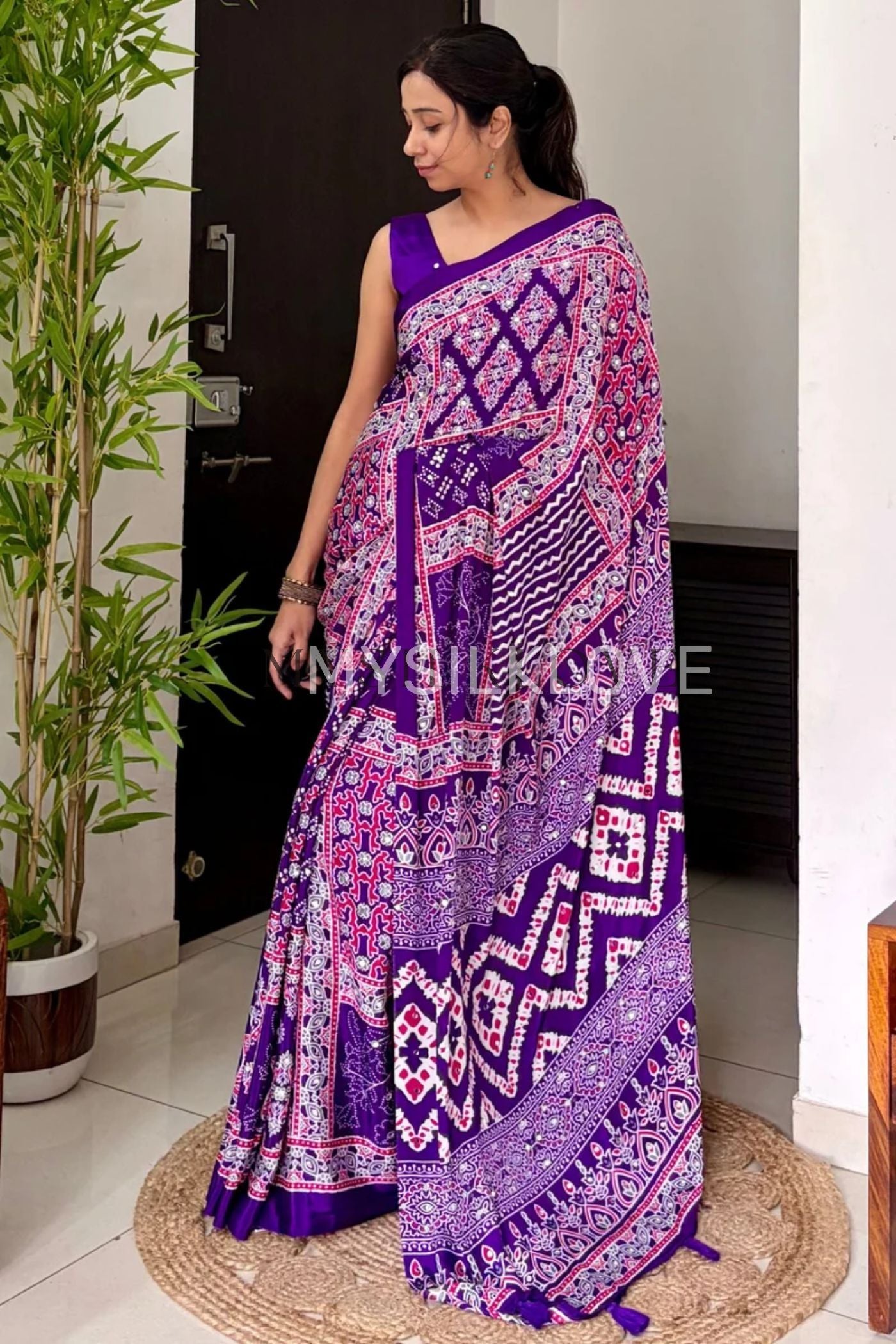 Buy MySilkLove Insolent Purple Ajrakh Satin Printed Mirror Work Saree Online