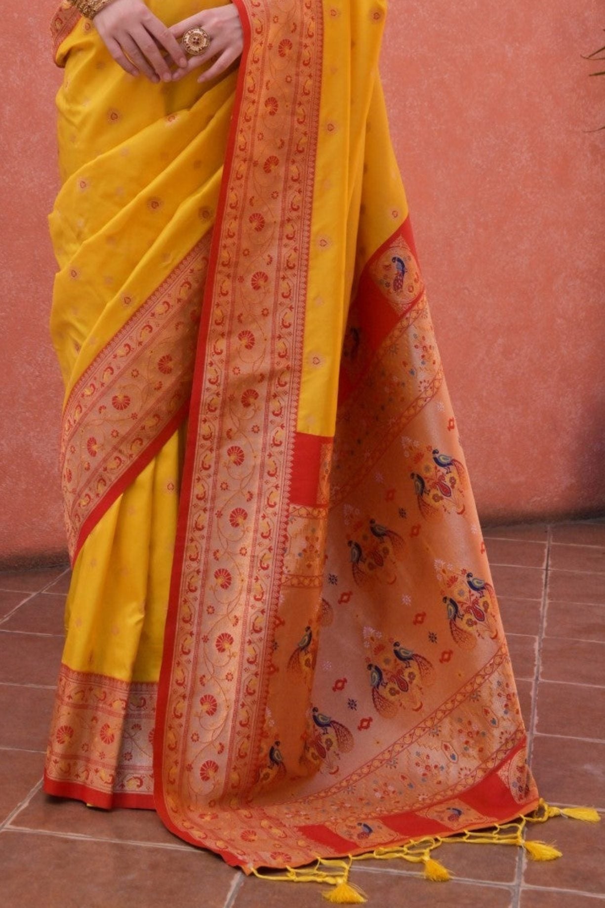 Buy MySilkLove Anzac Yellow and Orange Zari Woven Paithani Saree Online