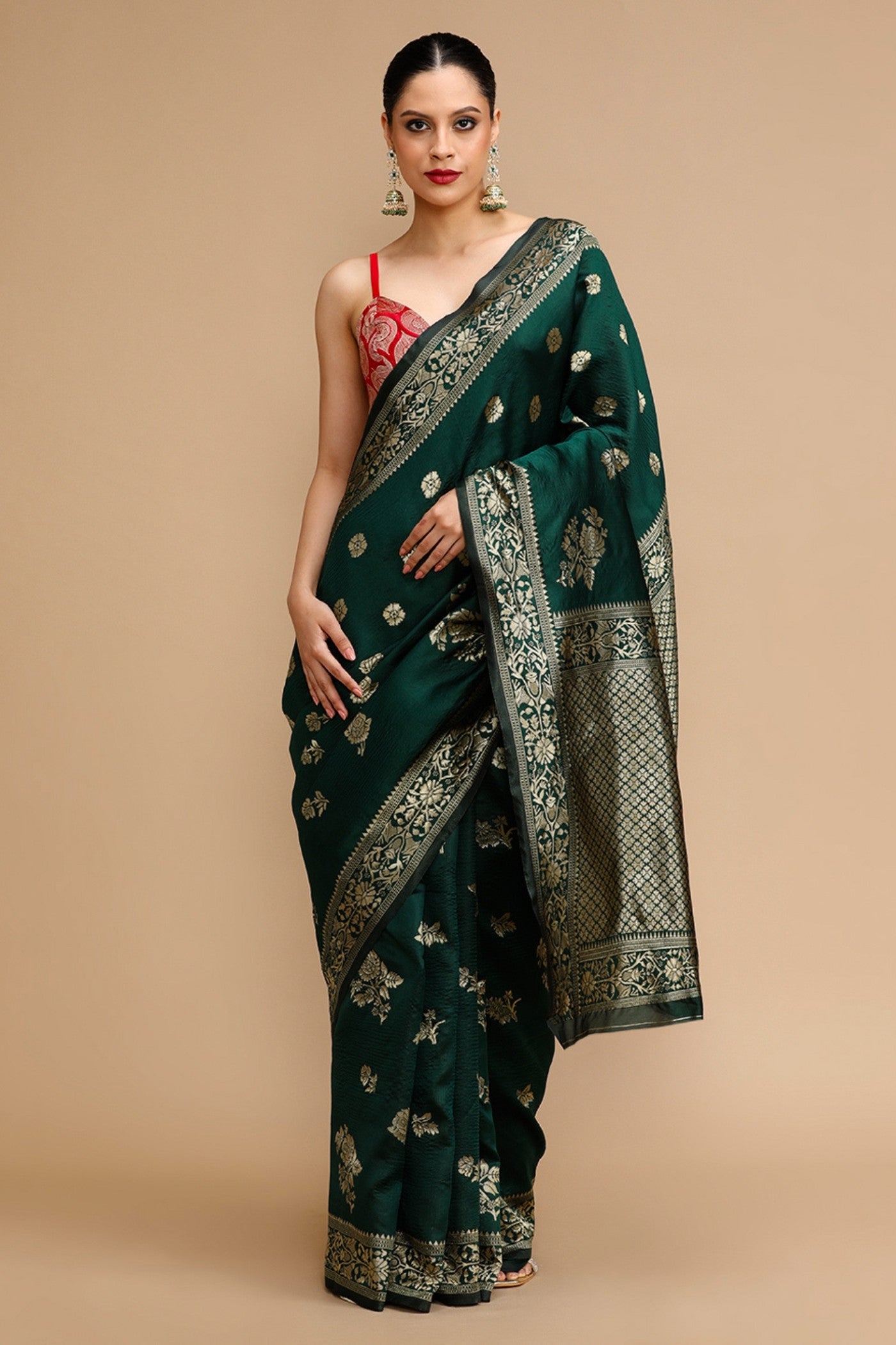 Buy MySilkLove Bottle Green Woven Jacquard Lichi Silk Saree Online