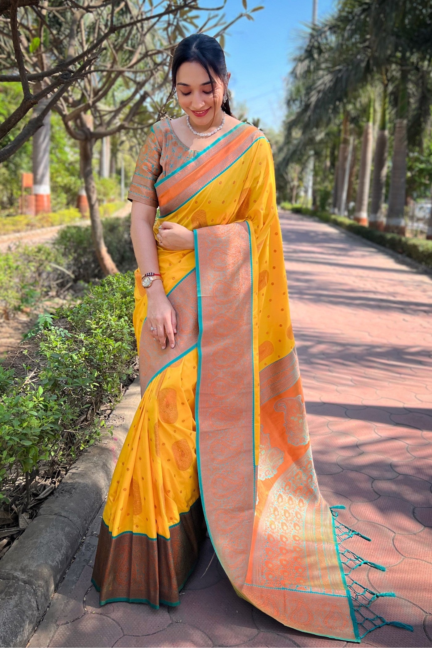 Buy MySilkLove Fuel Yellow Zari Woven Banarasi Saree Online