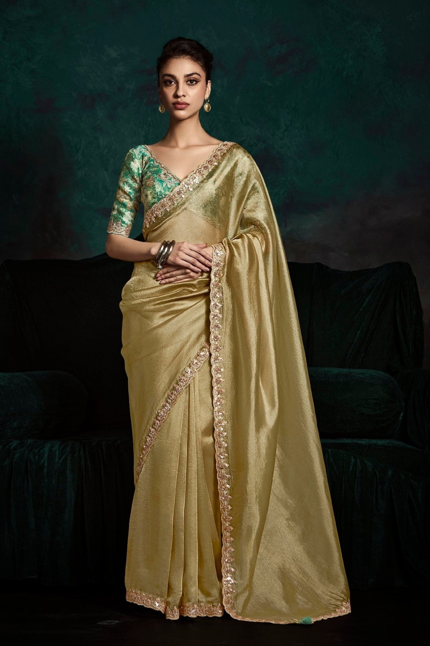 Buy MySilkLove Bronze Yellow Embroidered Tissue Designer Saree Online