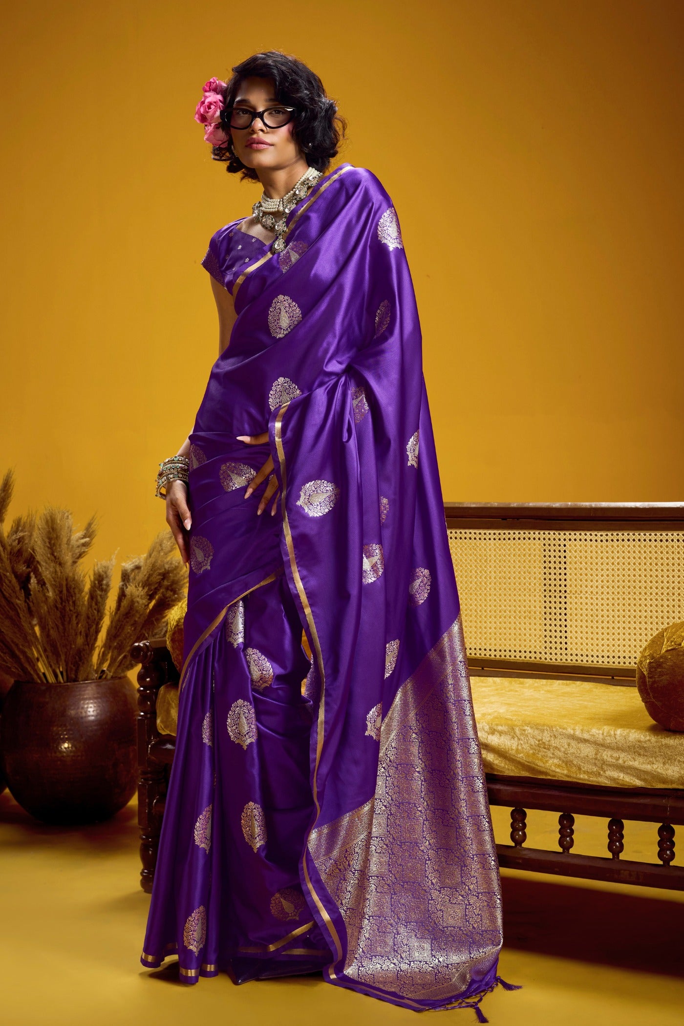 Buy MySilkLove Dark Purple Handloom Satin Silk Saree Online