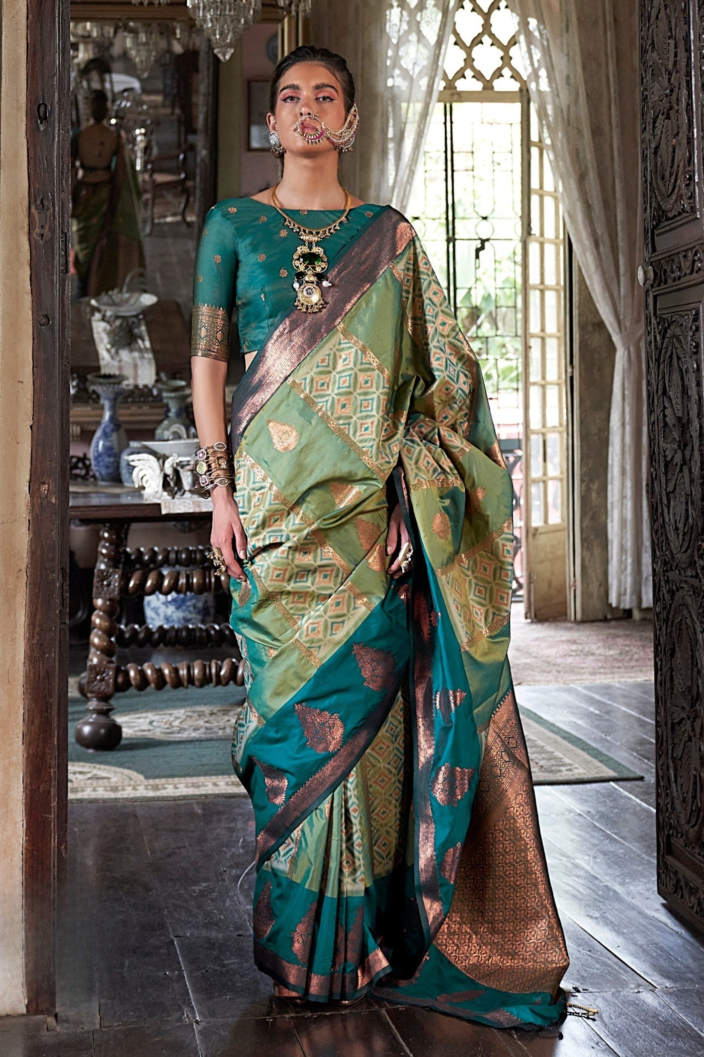 Buy MySilkLove Cactus Green Banarasi Handloom Saree Online