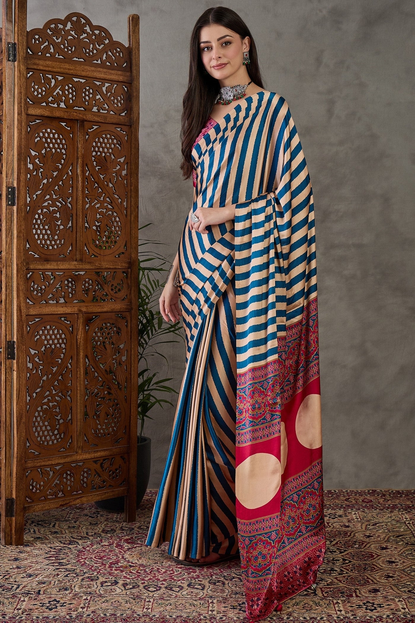 Buy MySilkLove Tuft Blue Stripe Ajrakh Printed Satin Gaji Silk Saree Online