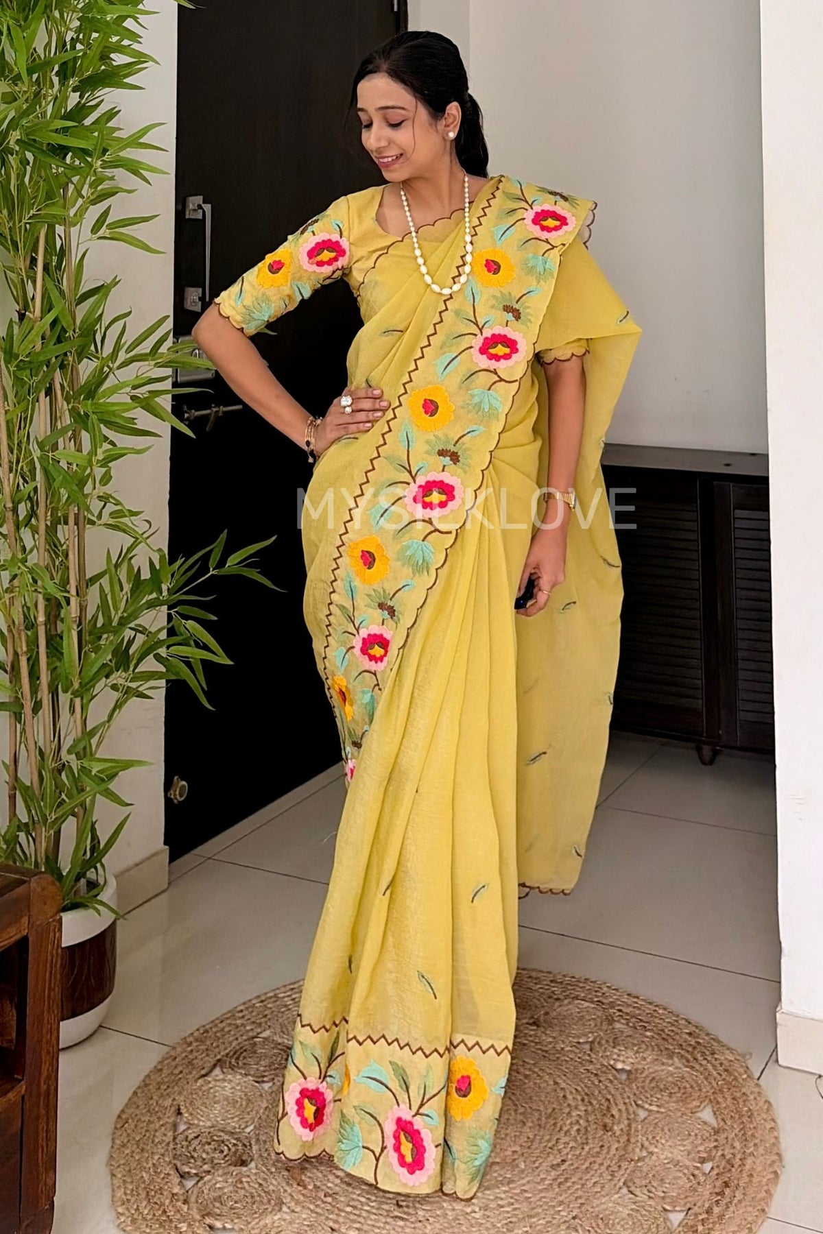 Buy MySilkLove Cornsilk Yellow Floral Embroidery Crunchy Chiffon Saree Online