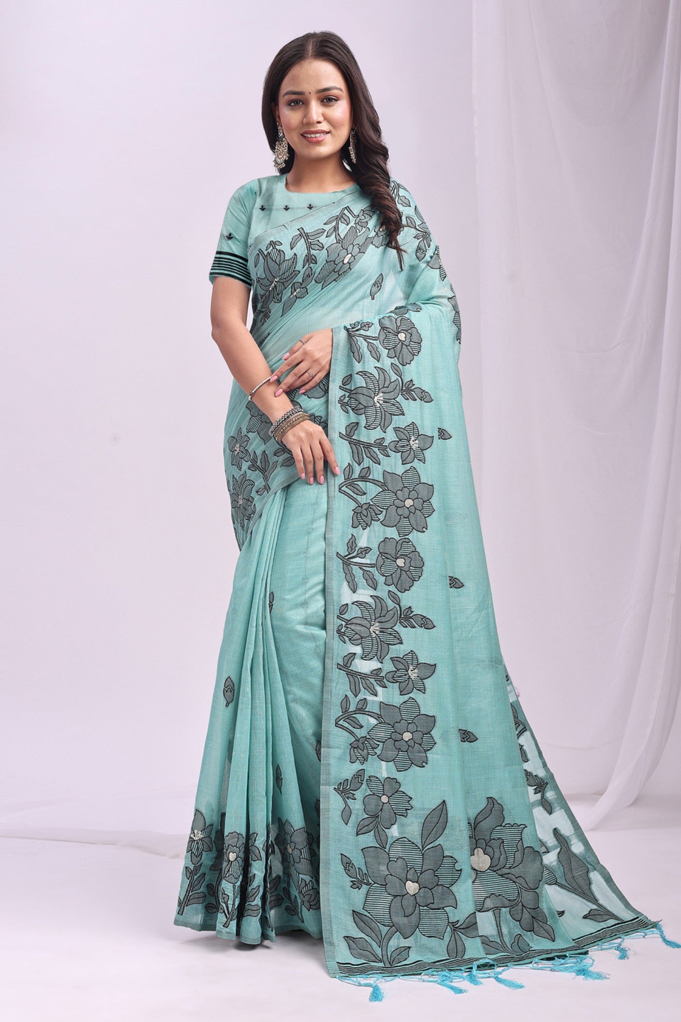 Buy MySilkLove Sea Blue Woven Linen Cotton Saree Online