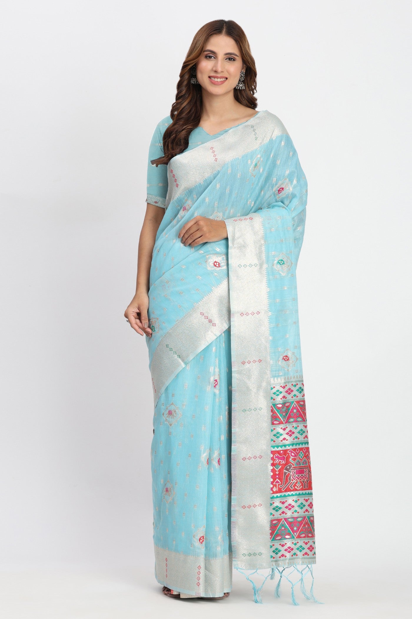Buy MySilkLove Sky Blue Woven Linen Cotton Saree Online