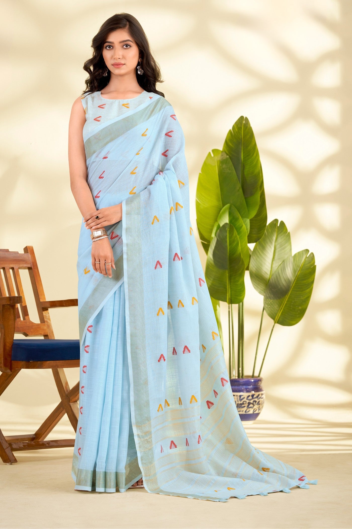 Buy MySilkLove Moroccan Blue Woven Linen Saree Online