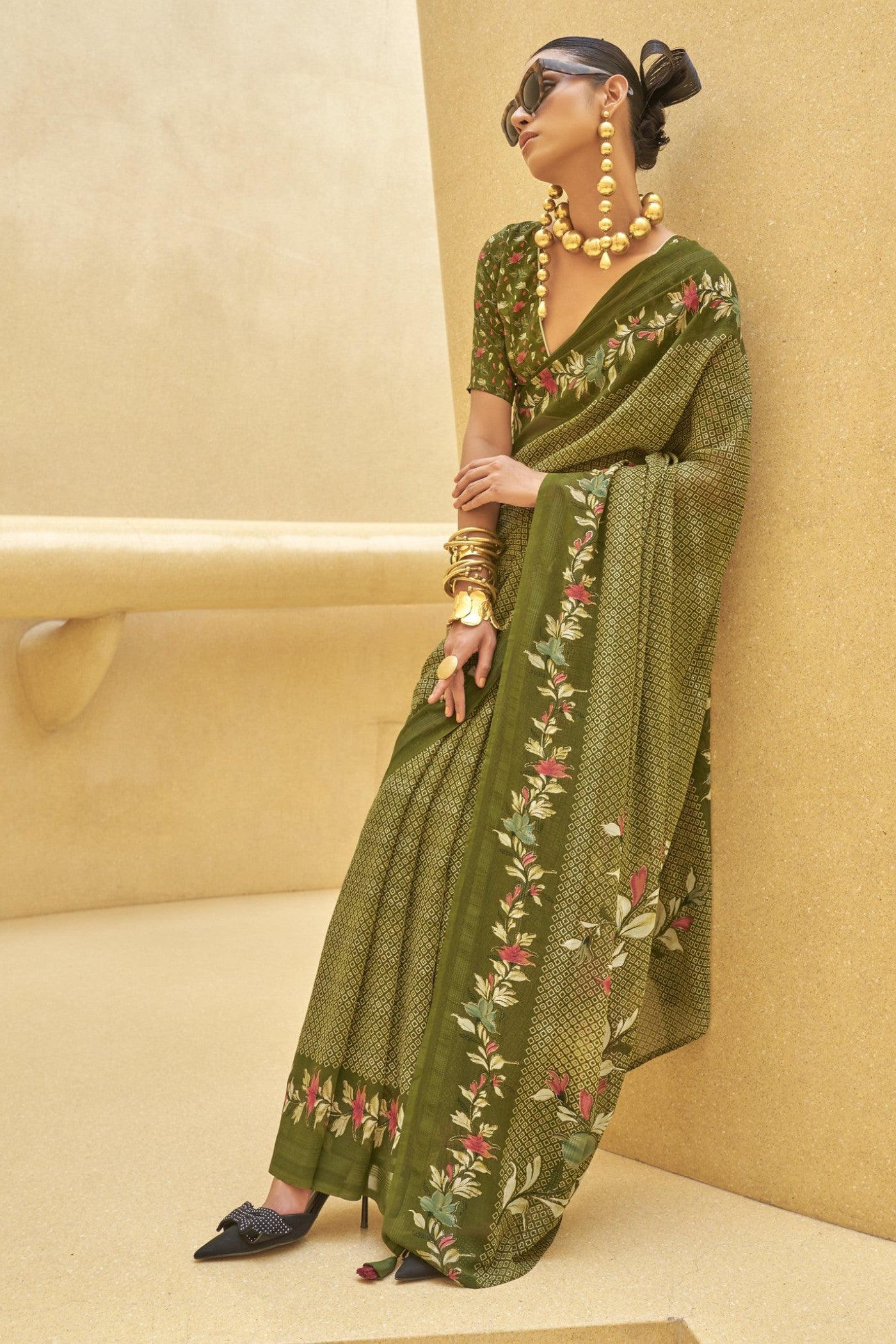 Buy MySilkLove Pine Green Georgette Printed Saree Online