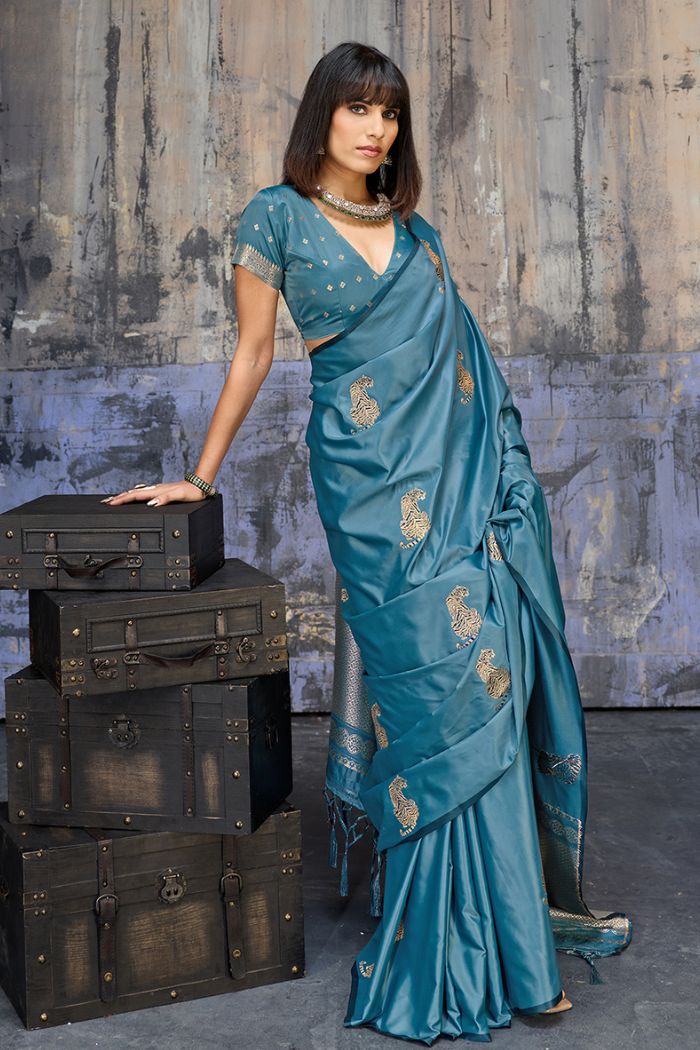 Buy MySilkLove Cyan Blue Handloom Satin Soft Silk Saree Online