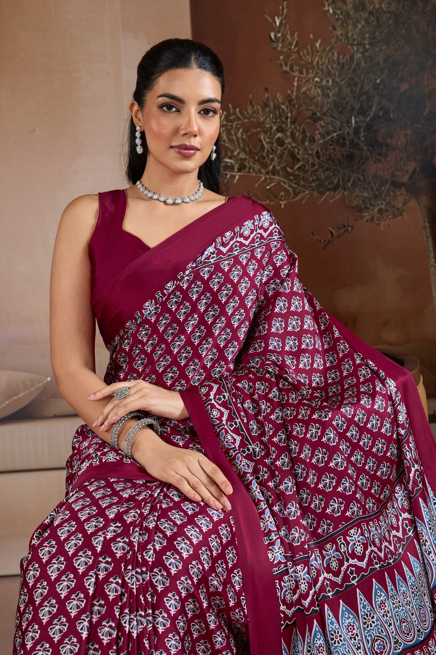 MySilkLove Luxury Maroon Ajrakh Printed Satin Crepe Silk Saree