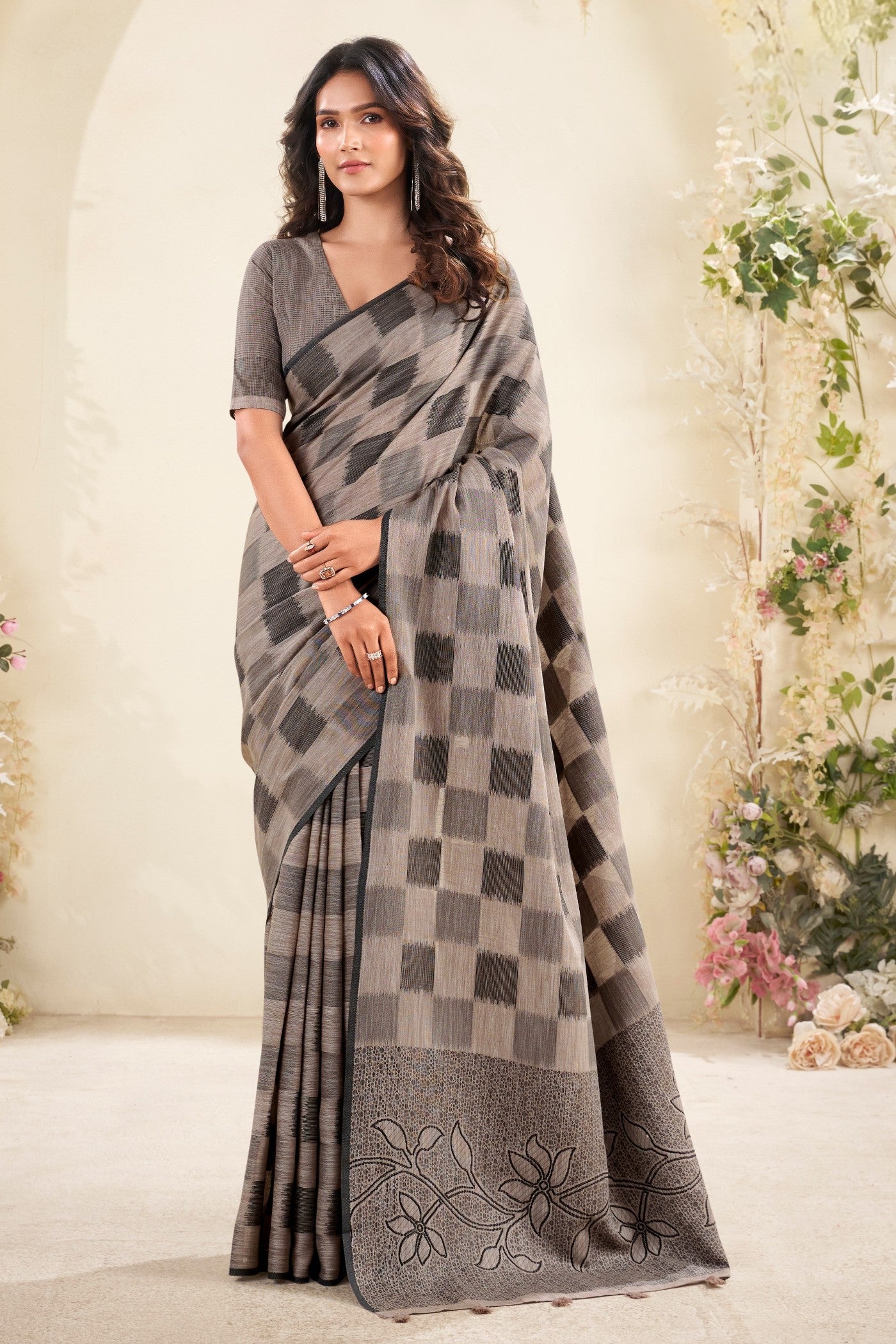 Buy MySilkLove Burn Wood Grey Woven Linen Saree Online