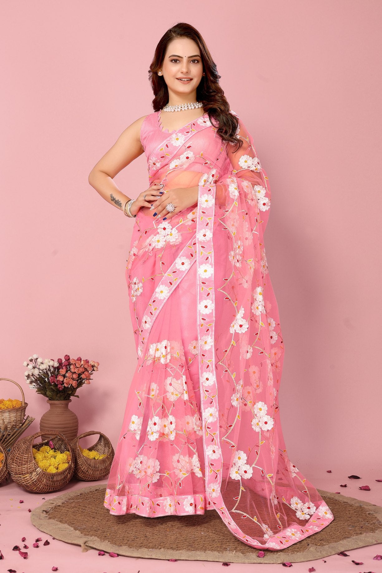 Buy MySilkLove Wewak Pink Woven Designer Embroidered Saree Online