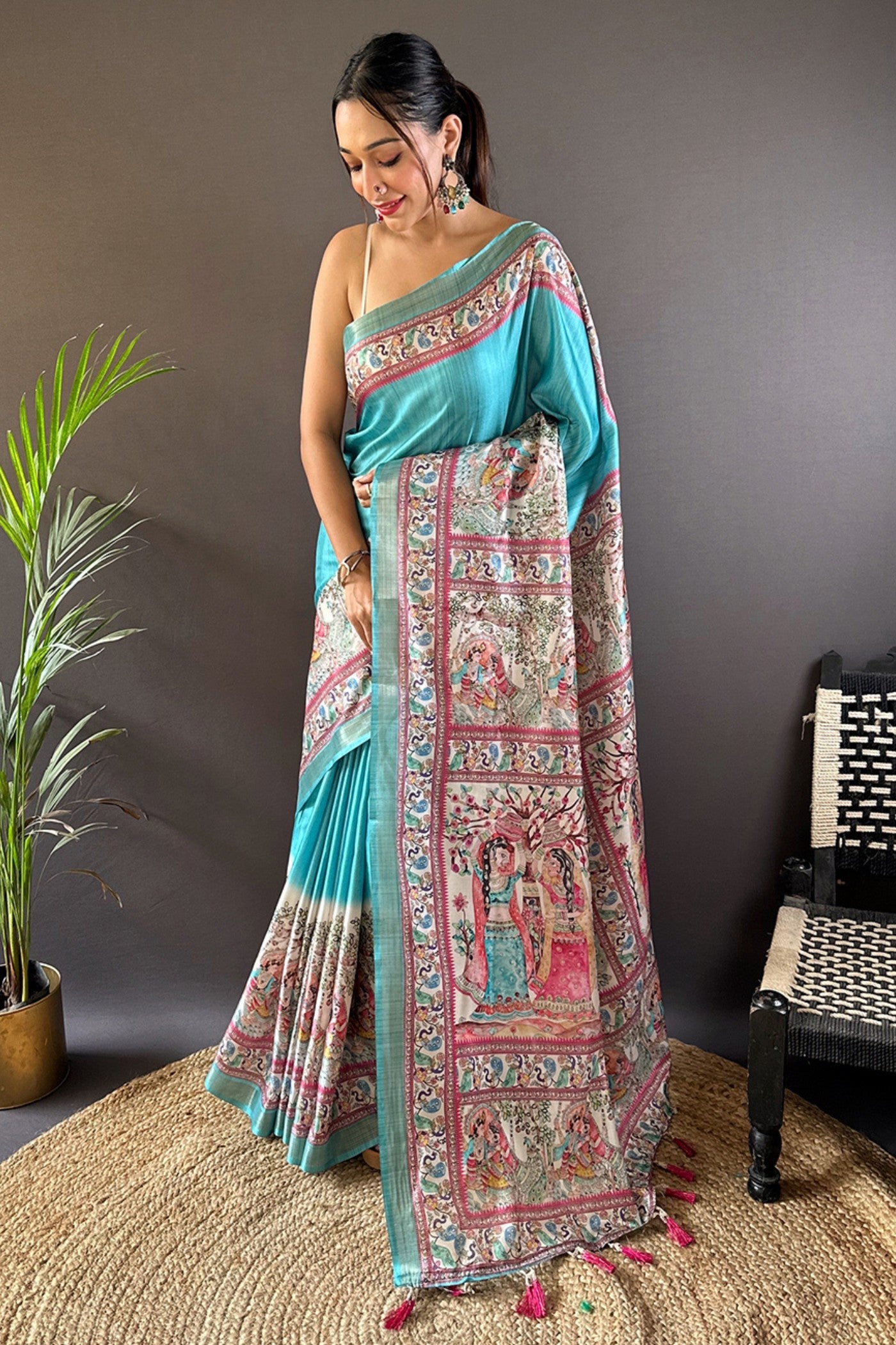 Buy MySilkLove Sea Blue Madhubani Printed Tussar Silk Saree Online