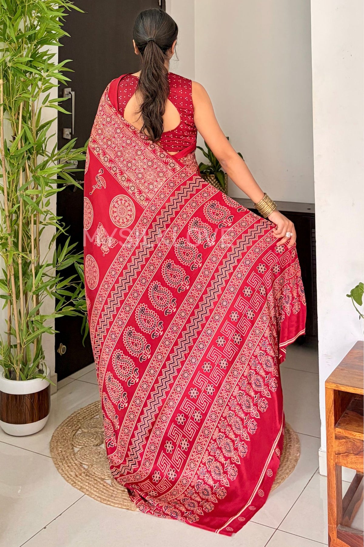 Buy MySilkLove Rose Red Ajrakh Satin Printed Silk Saree Online