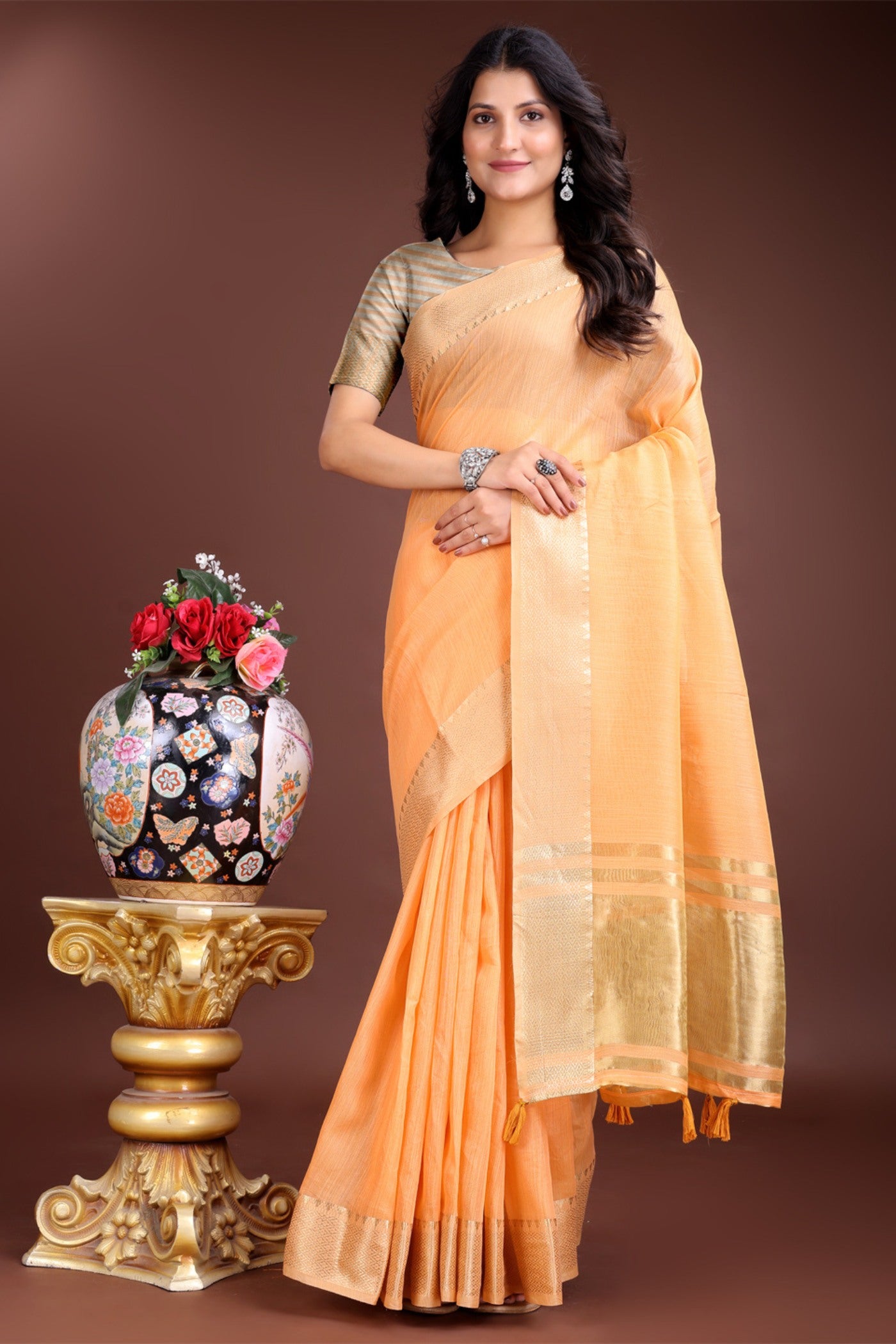 Buy MySilkLove Beer Orange Woven Cotton Saree Online