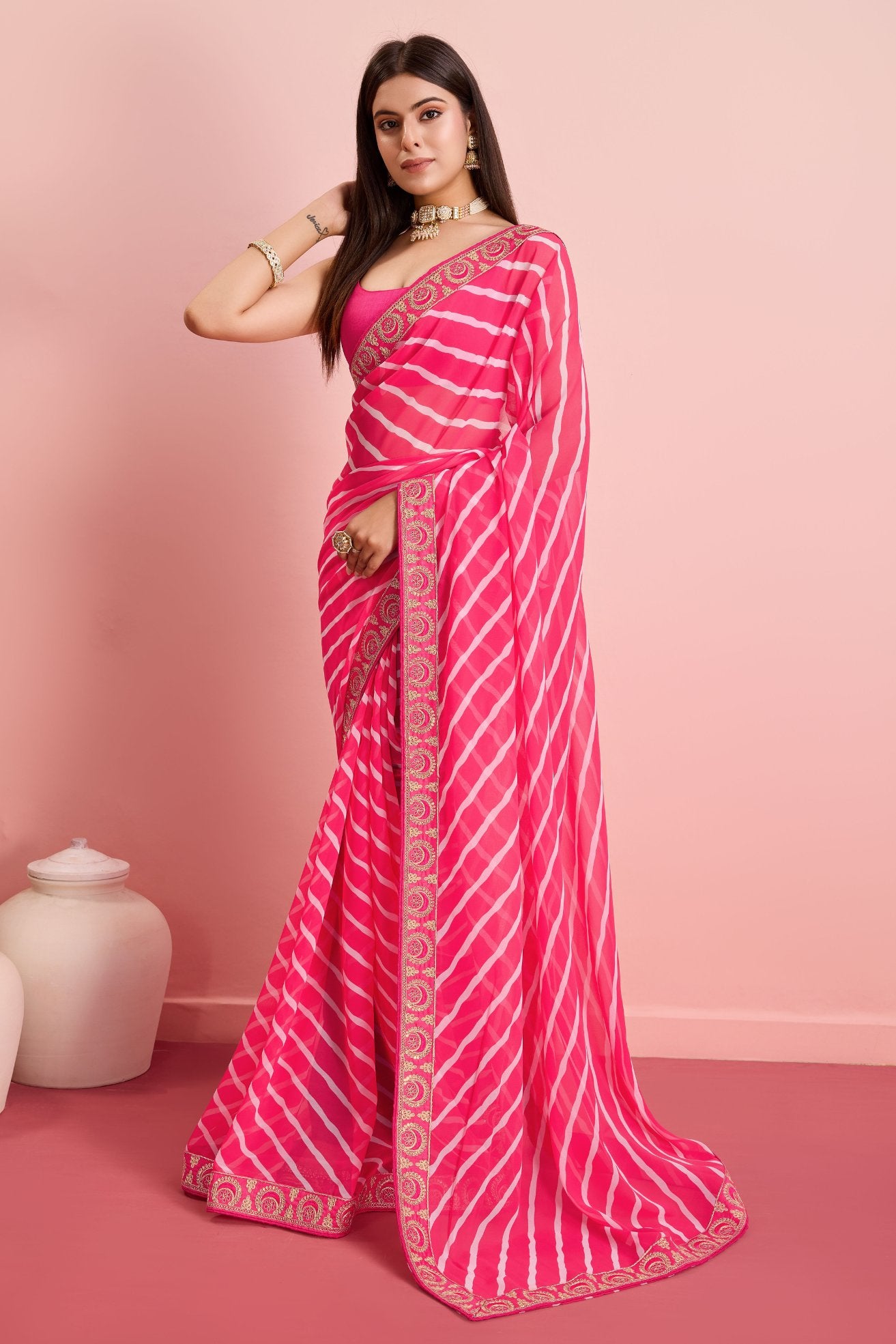 MySilkLove Pink Salmon Georgette Lehriya Silk saree