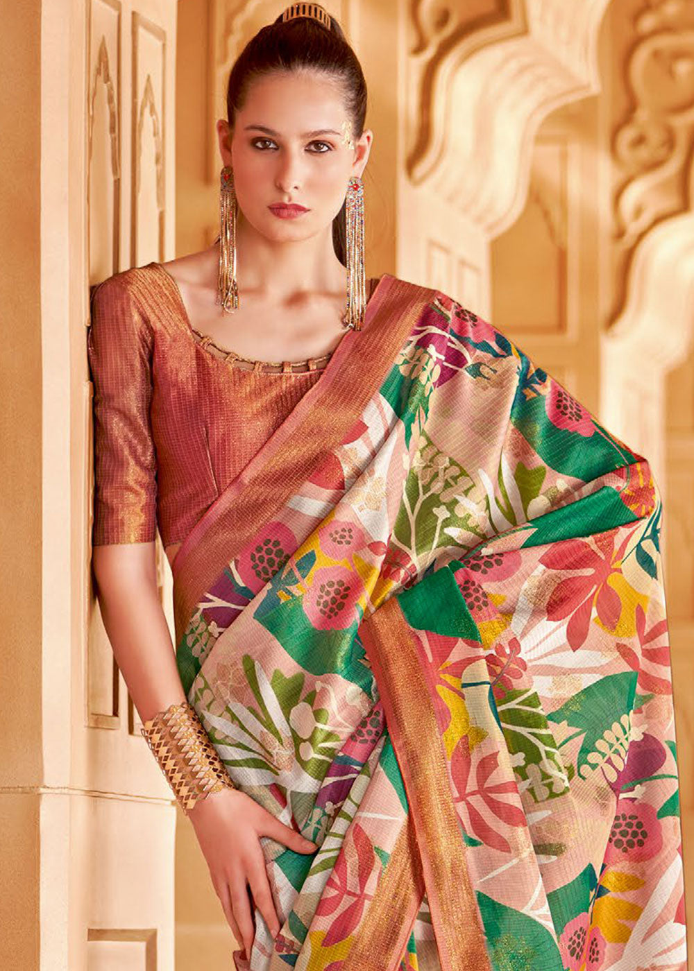 Buy MySilkLove Copperfield  Brown and Green Floral Printed Cotton Silk Saree Online