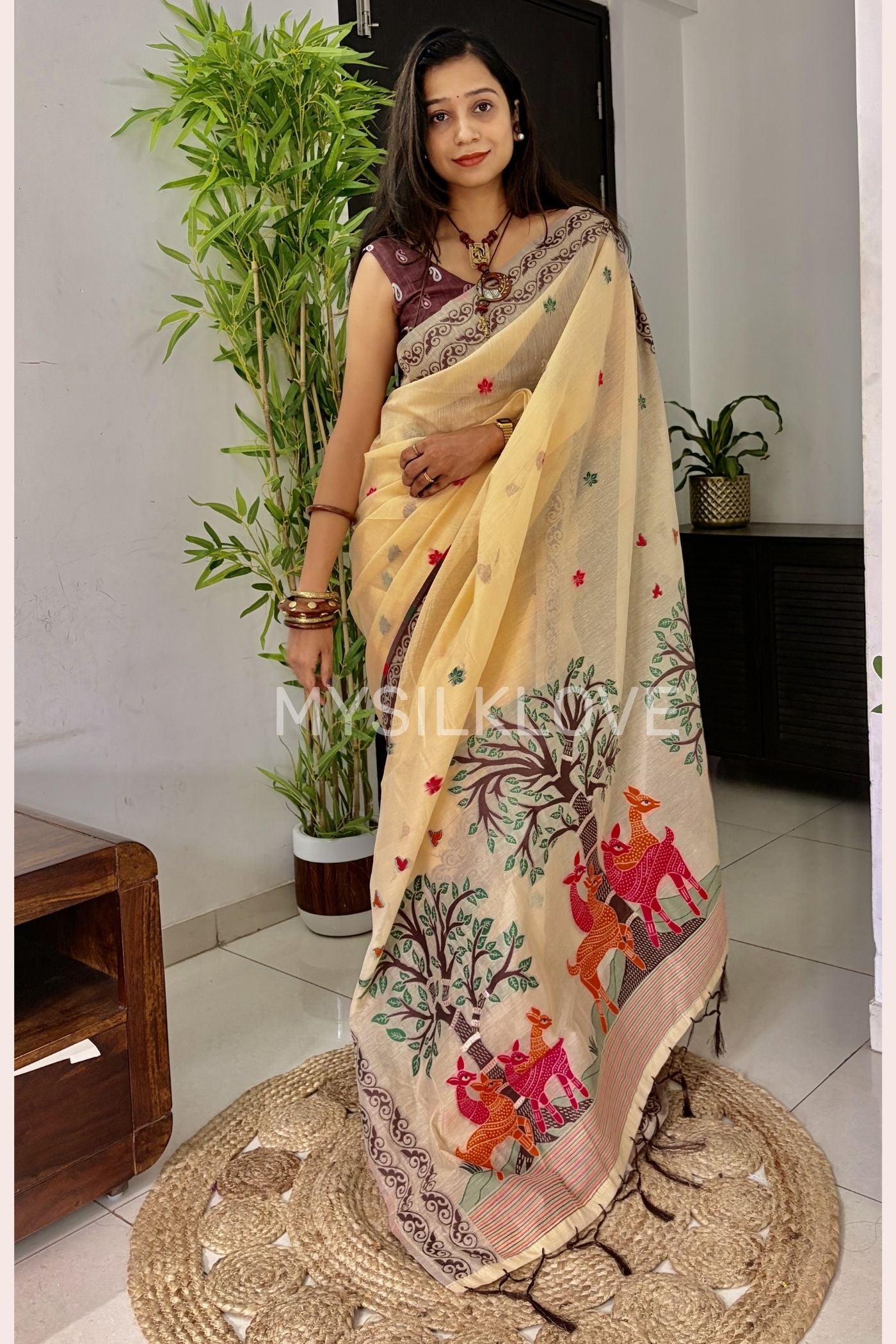 Buy MySilkLove Brandy Handloom Muga Cotton Saree Online