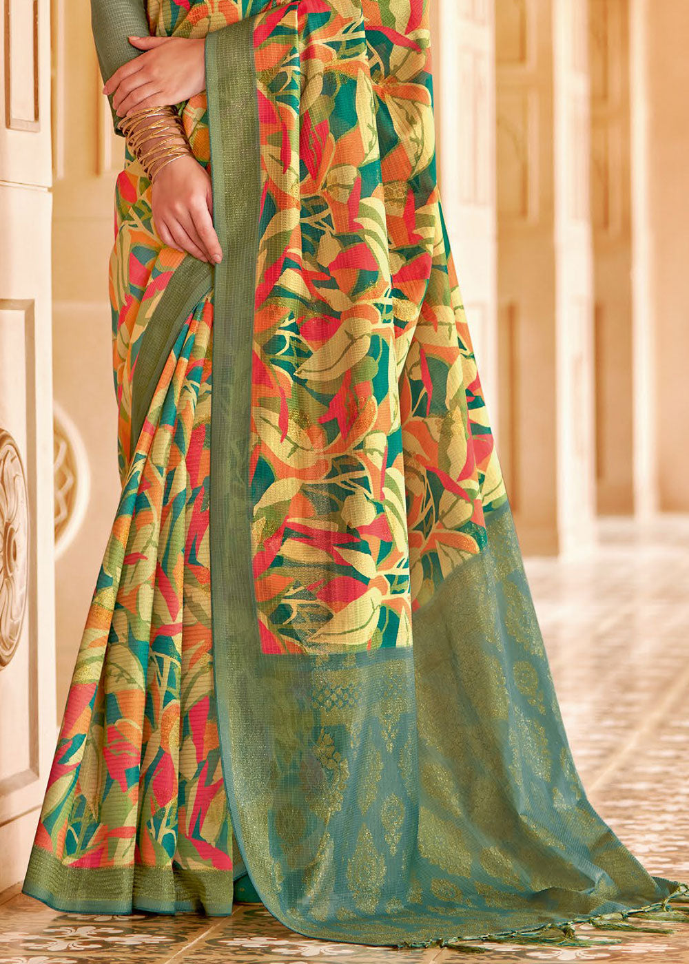 Buy MySilkLove Asparagus Green and Yellow Floral Printed Cotton Silk Saree Online