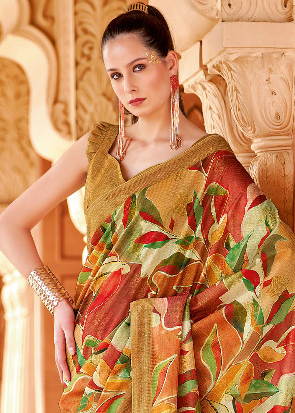 Buy MySilkLove Copper Canyon Brown Floral Printed Cotton Silk Saree Online