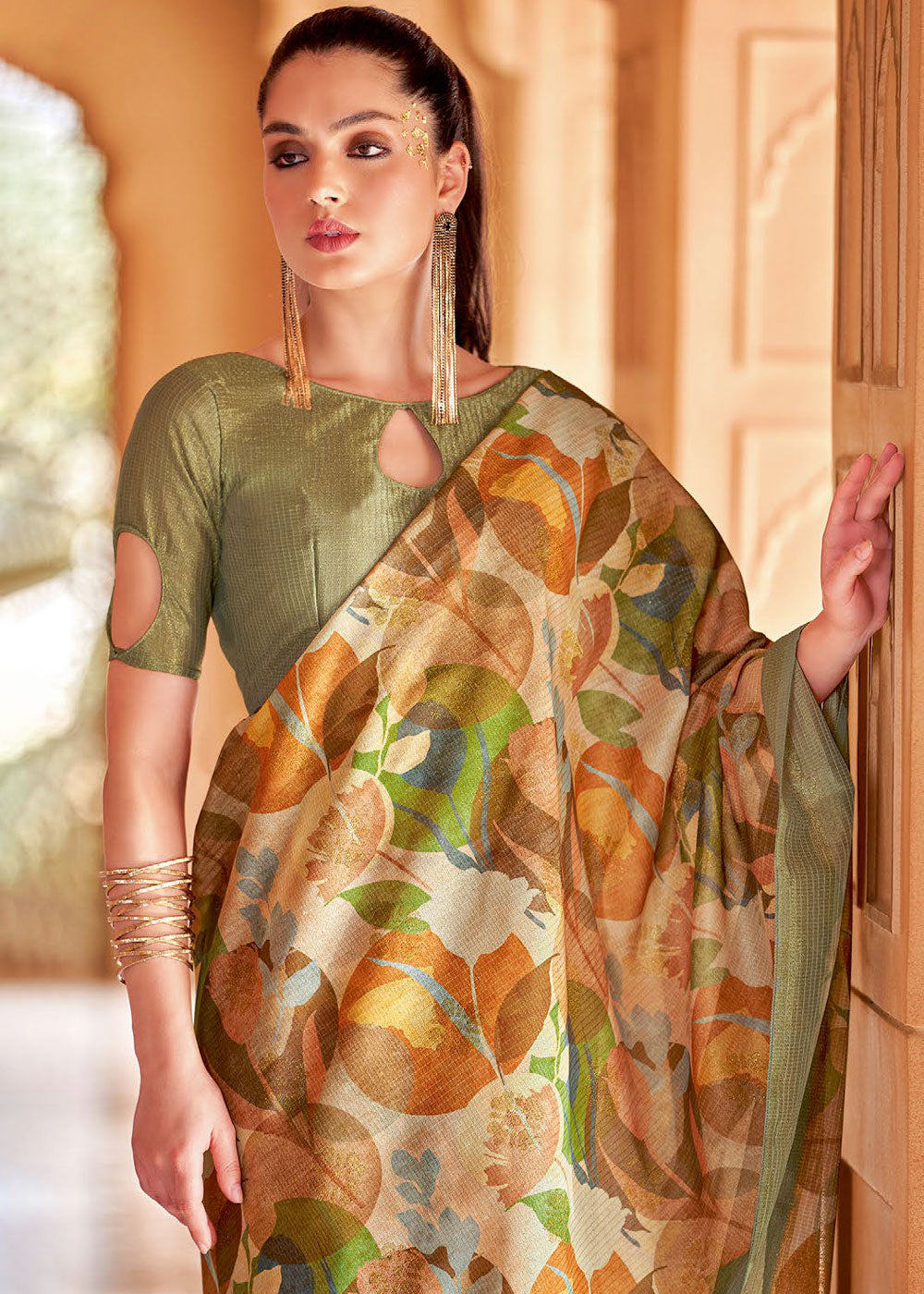 Buy MySilkLove Costa Del Sol Green Floral Printed Cotton Silk Saree Online