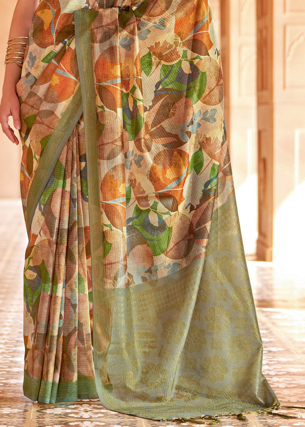 Buy MySilkLove Costa Del Sol Green Floral Printed Cotton Silk Saree Online