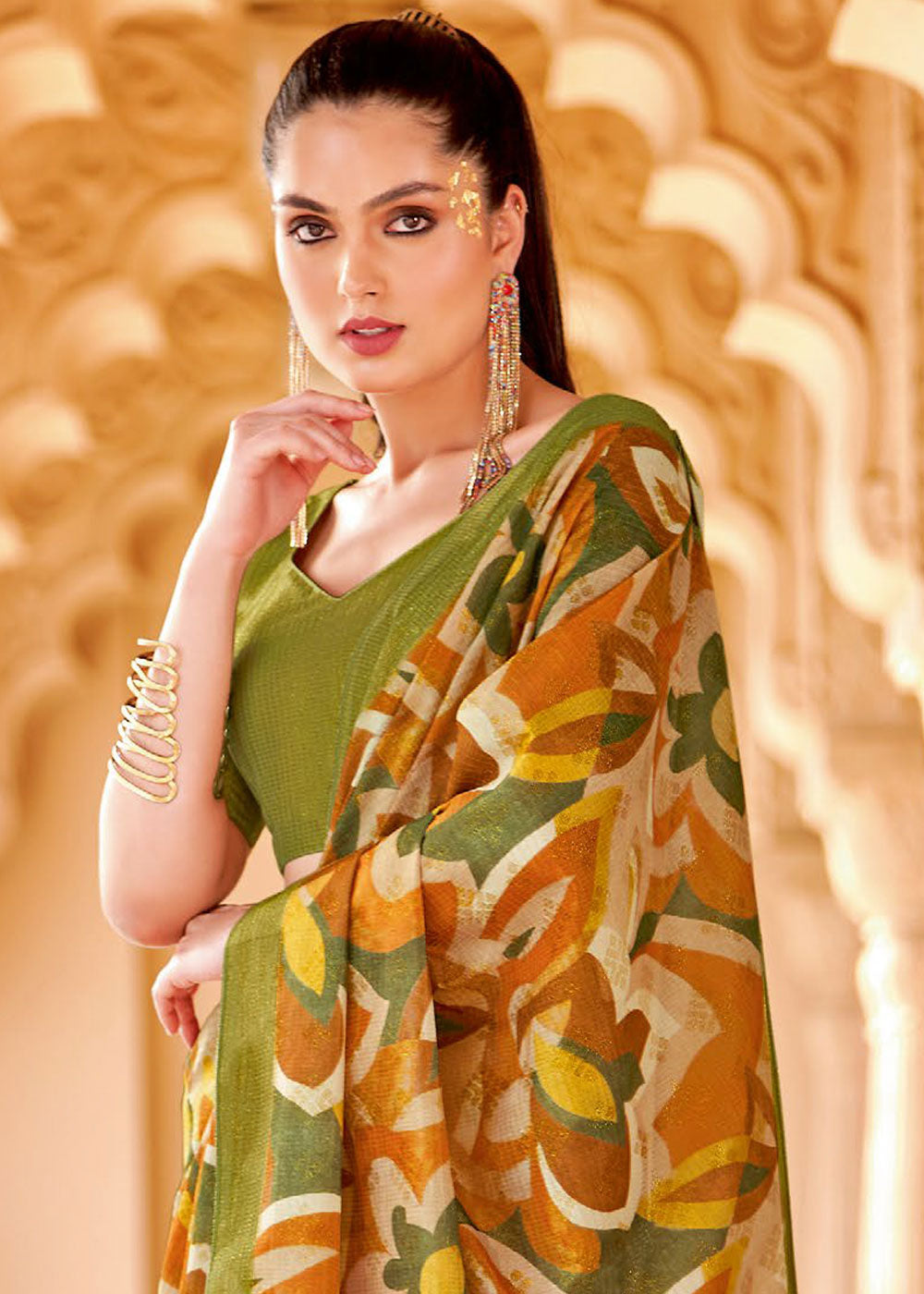 Buy MySilkLove Brandy Punch Orange and Green Floral Printed Cotton Silk Saree Online