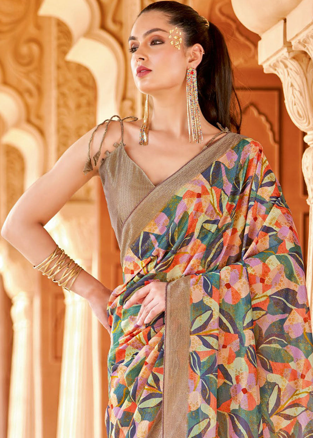 Buy MySilkLove Flint Grey and Brown Floral Printed Cotton Silk Saree Online