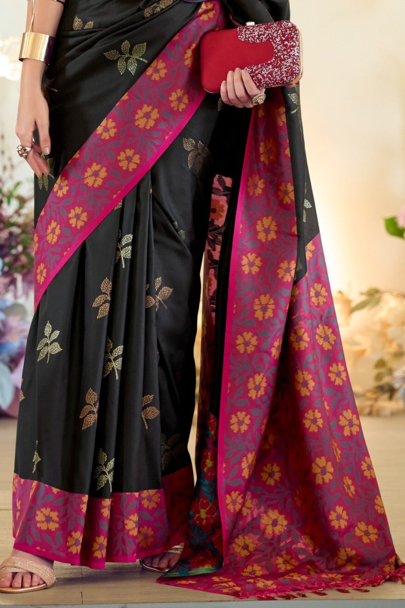 Buy MySilkLove Outer Space Black Woven Banarasi Soft Silk Saree Online