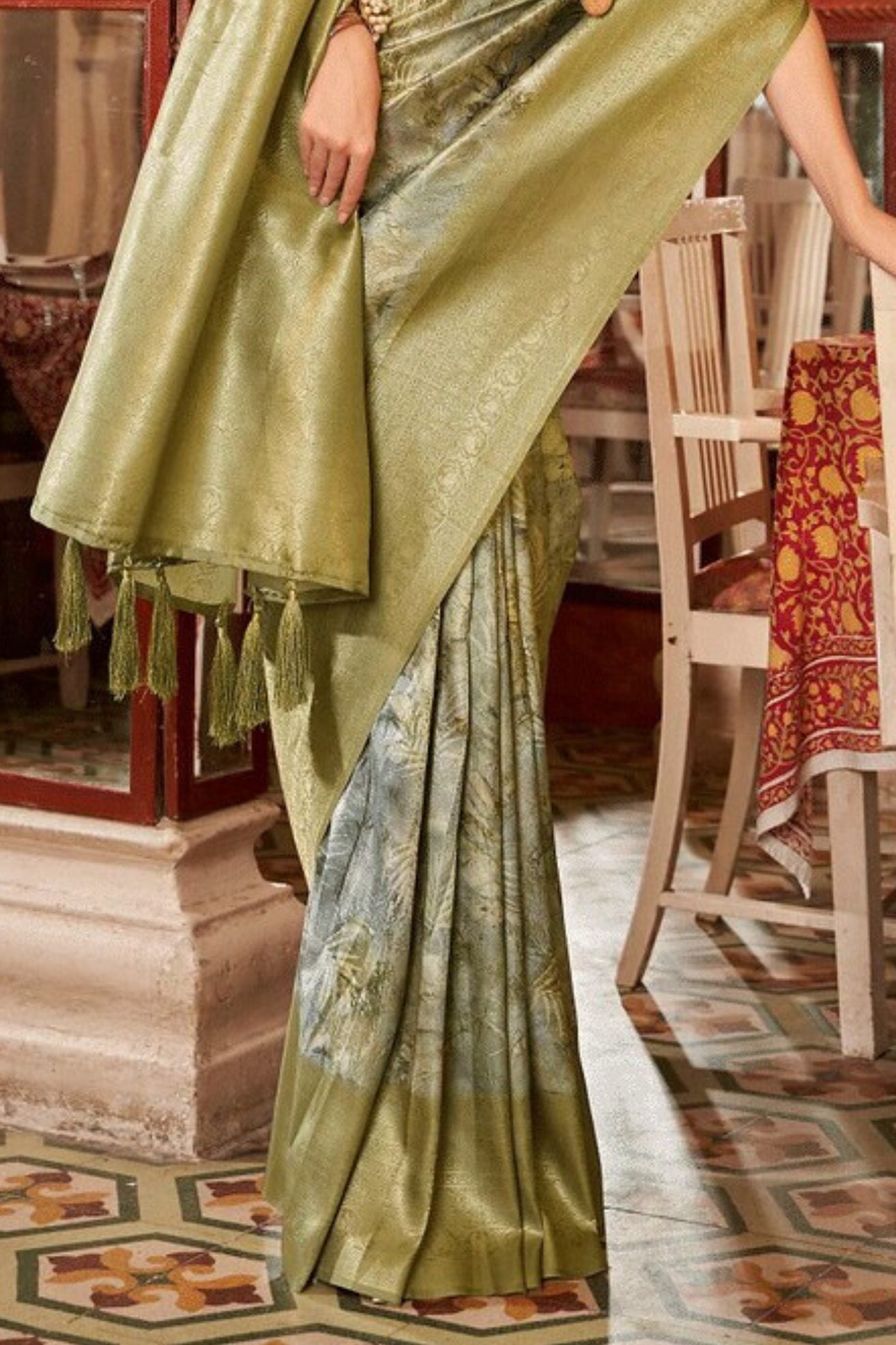 Buy MySilkLove Costa Del Sol Green Banarasi Digital Printed Saree Online