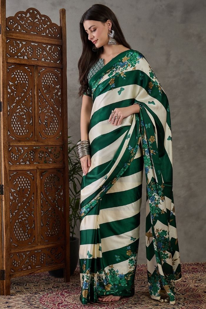 Buy MySilkLove Tree Green Stripe Printed Floral Satin Gaji Silk Saree Online