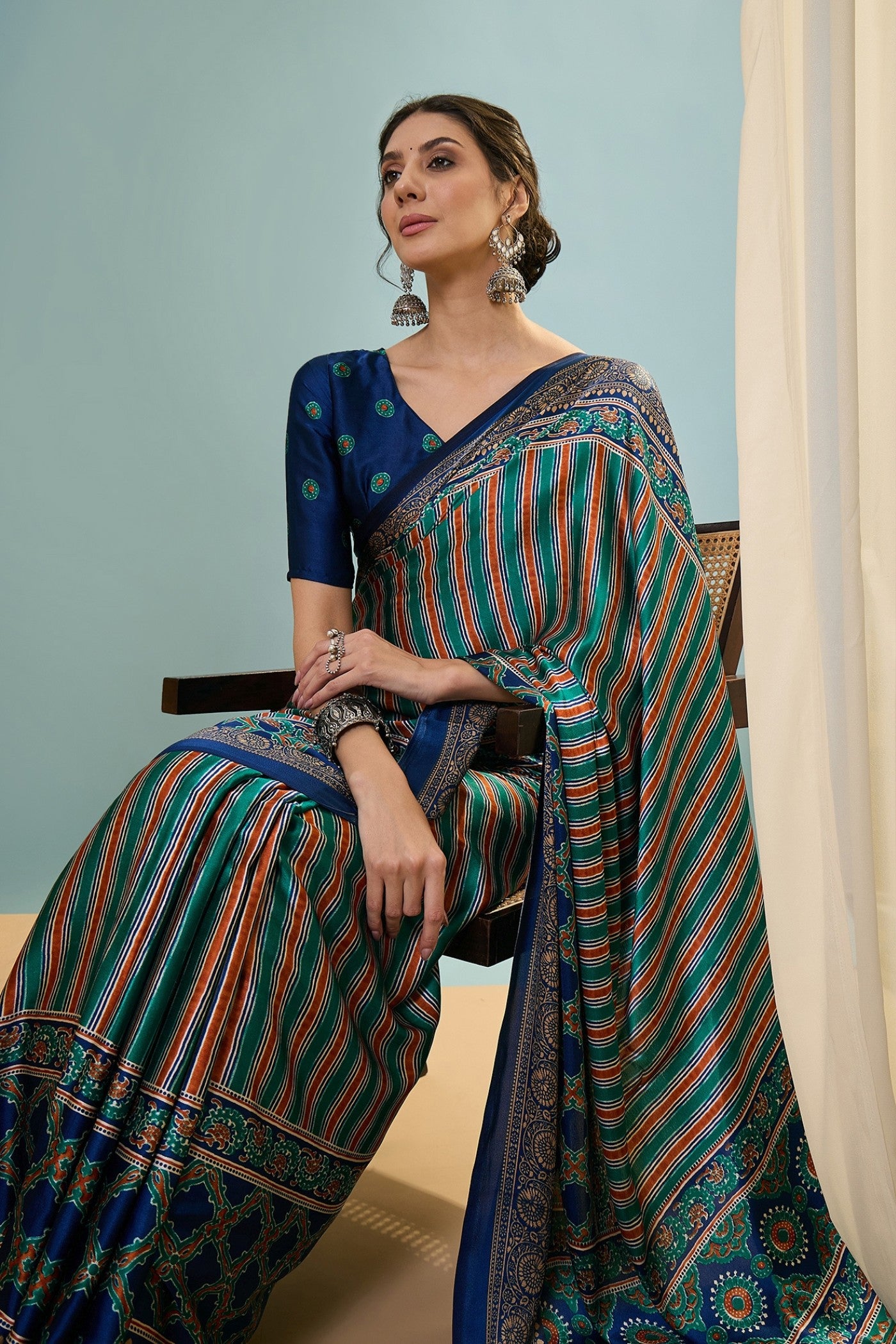 Buy MySilkLove Runic Blue Ajrakh Printed Satin Crepe Silk Saree Online
