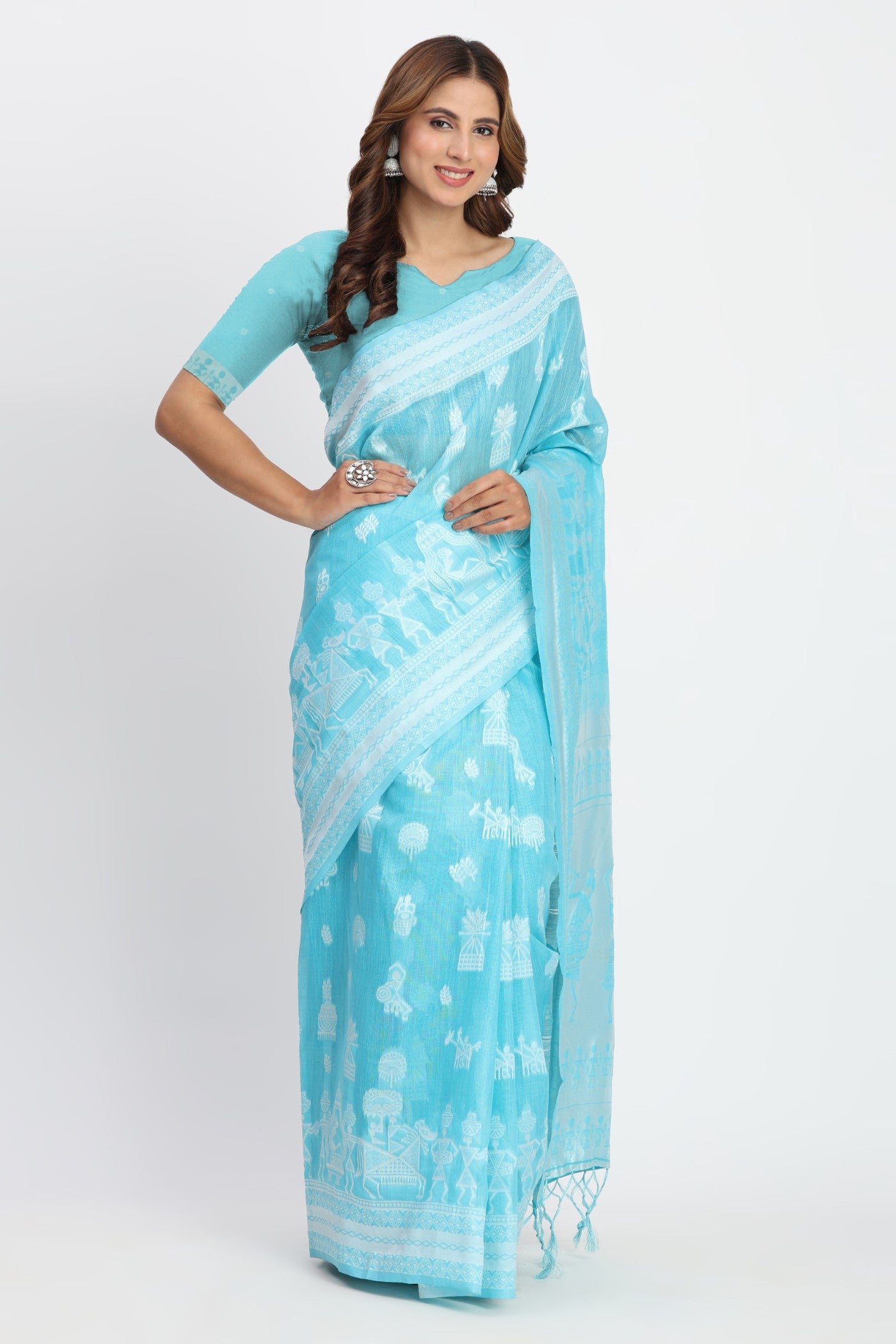 Buy MySilkLove Chathams Blue Woven Linen Cotton Saree Online