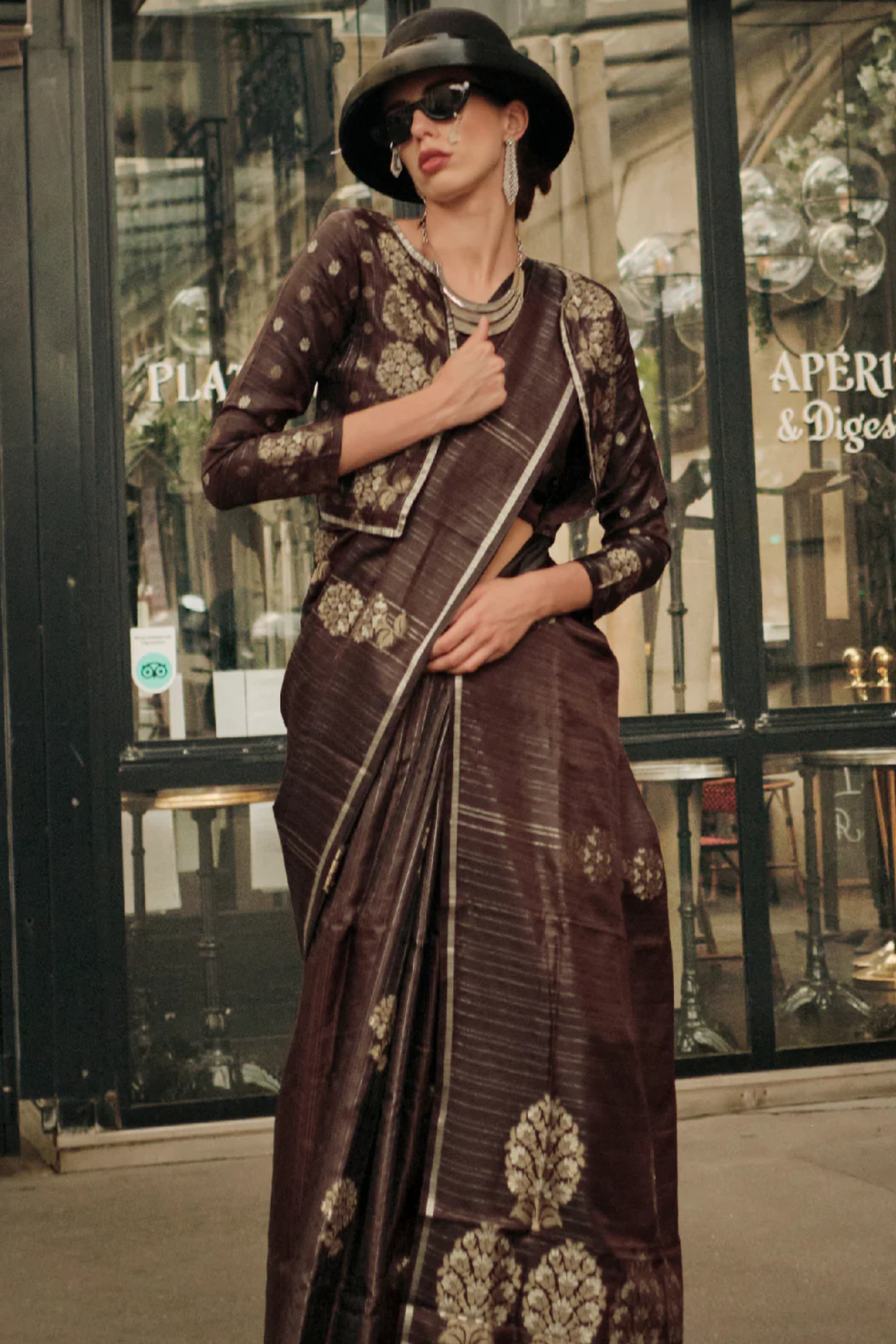 Buy MySilkLove English Walnut Brown Woven Banarasi Satin Silk Saree Online