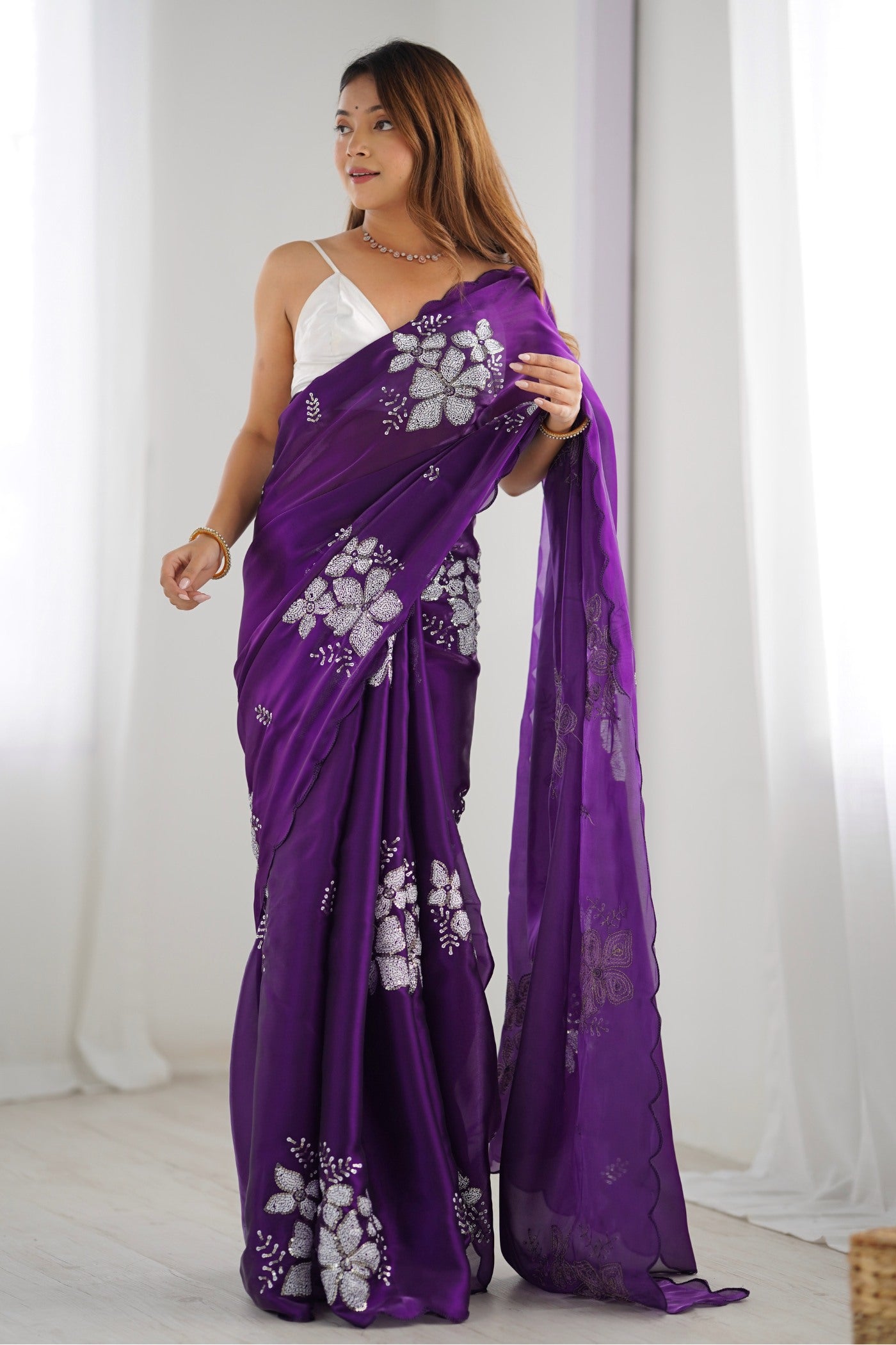 Buy MySilkLove Dew Berry Purple Floral Partywear Saree Online