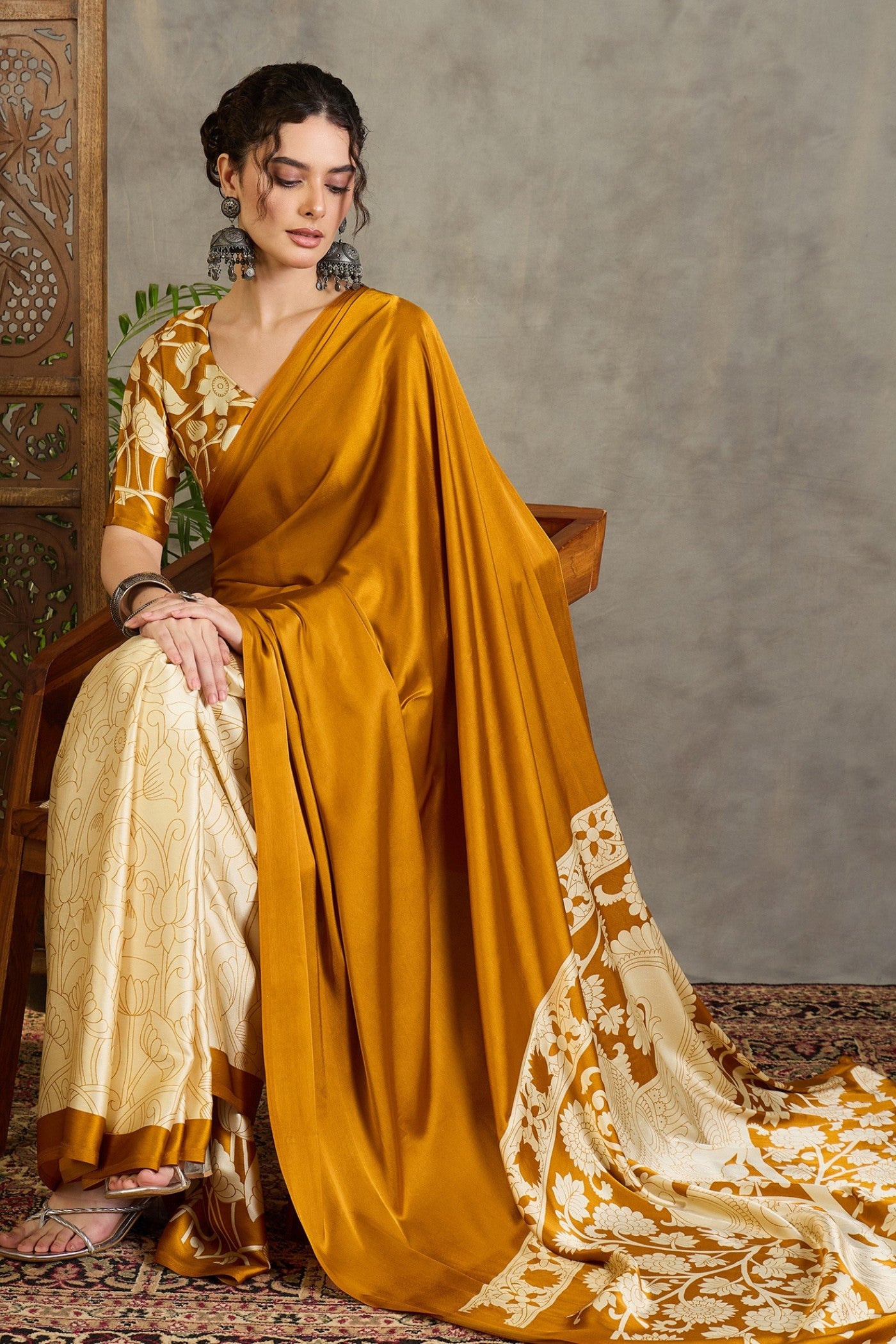 Buy MySilkLove Pineapple Yellow Kalamkari Printed Satin Silk Saree Online