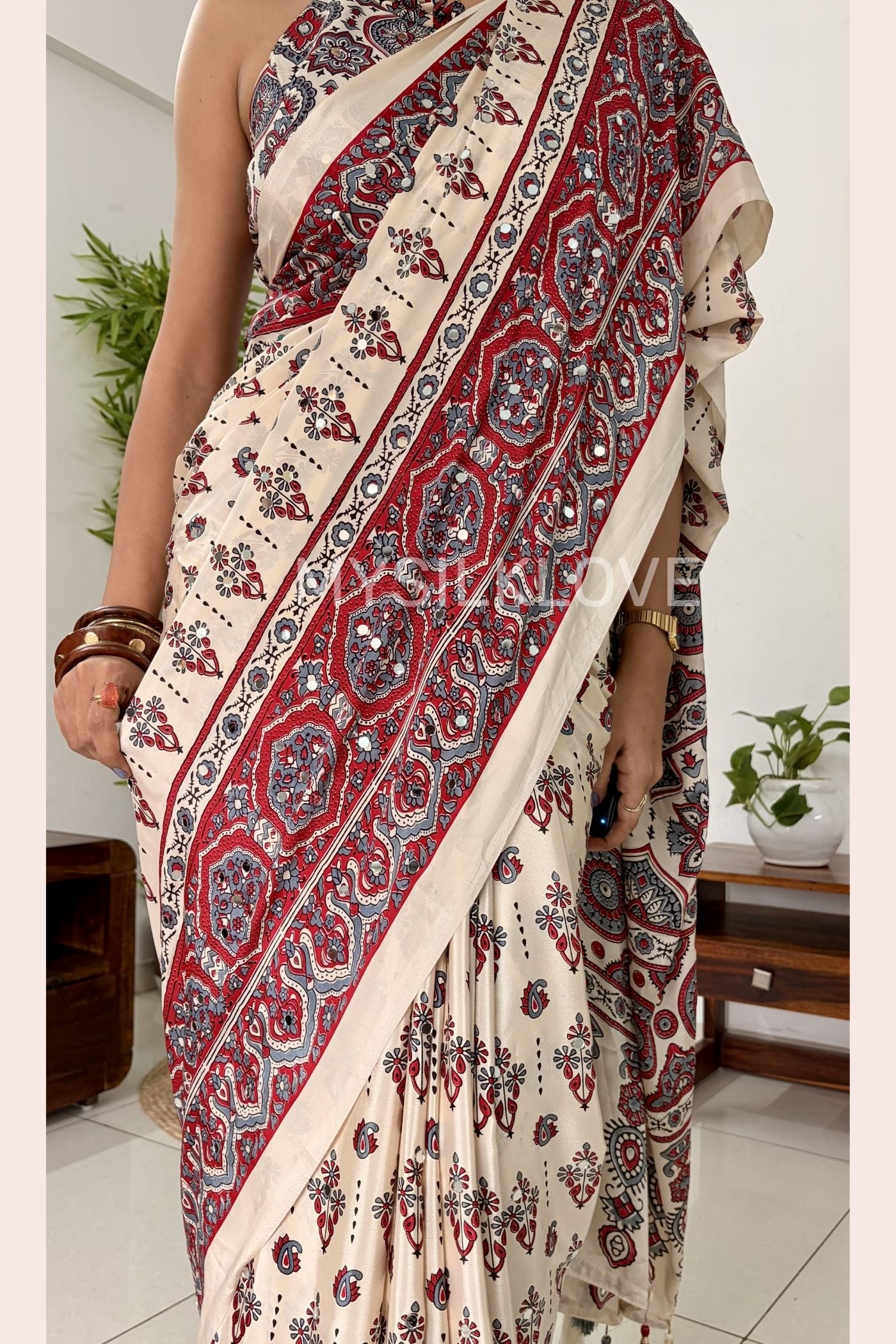 Buy MySilkLove Neutral Beige Modal Ajrakh Satin Printed Mirror Work Saree Online