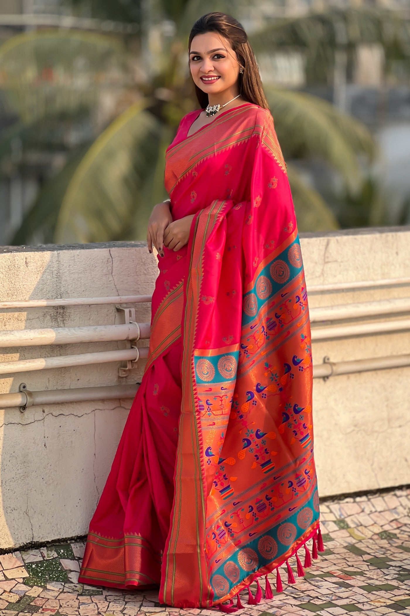 Buy MySilkLove Wild Strawberry Pink Zari Woven Nath Paithani Saree Online