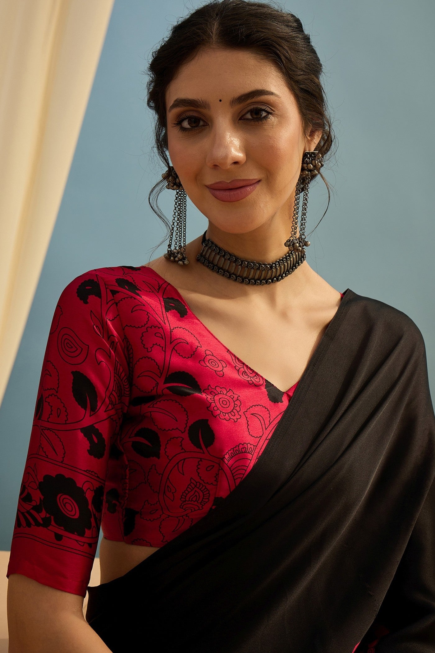 Buy MySilkLove Charleston Black Ajrakh Printed Satin Crepe Silk Saree Online