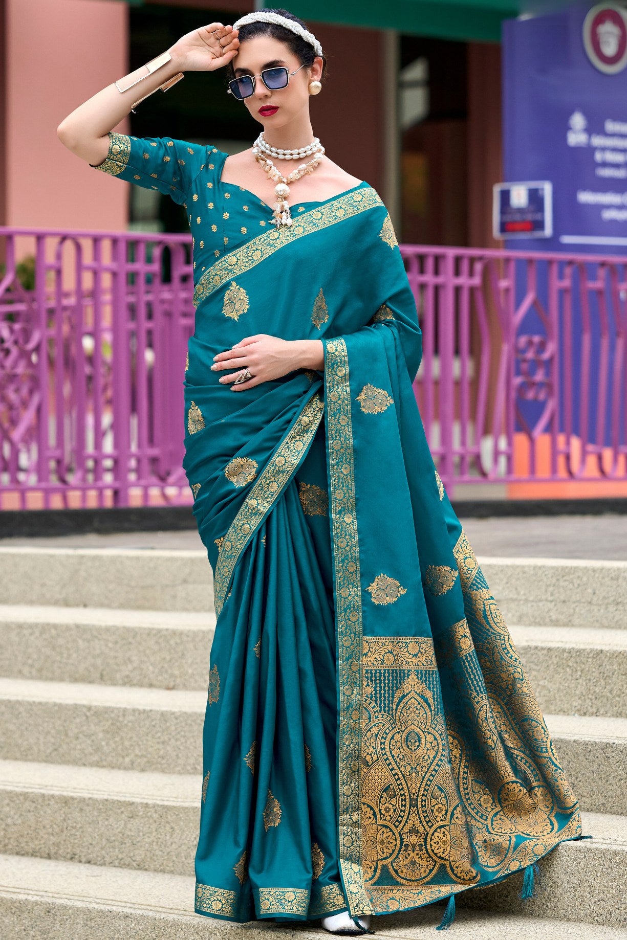 Buy MySilkLove Mosque Blue Banarasi Handloom Satin Saree Online