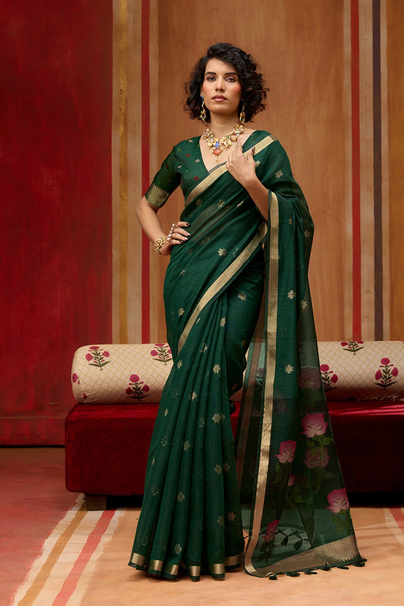 Buy MySilkLove Dark Green Handloom Muga Cotton Saree Online