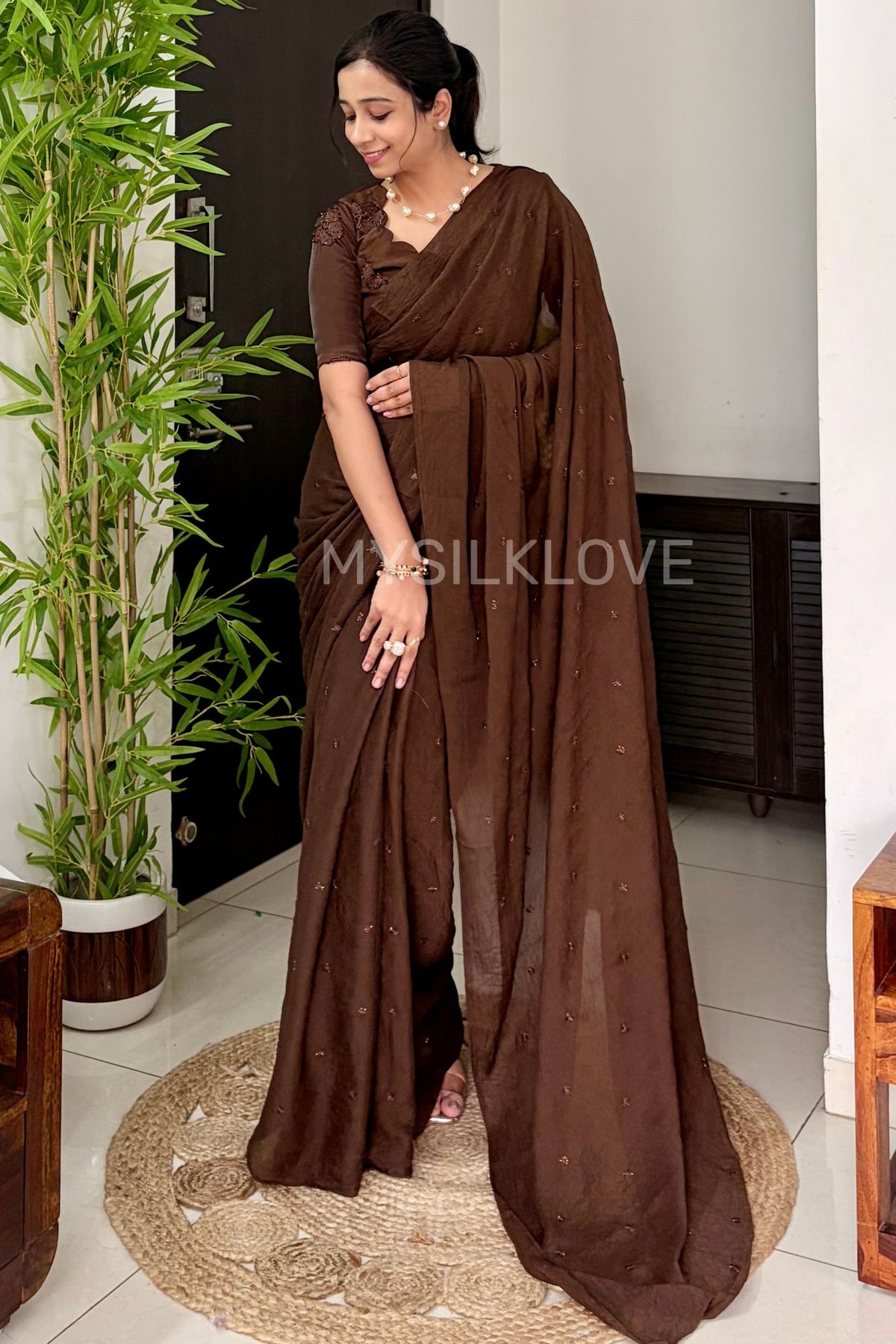 Buy MySilkLove Toffee Brown Bidding Work Georgette Saree Online
