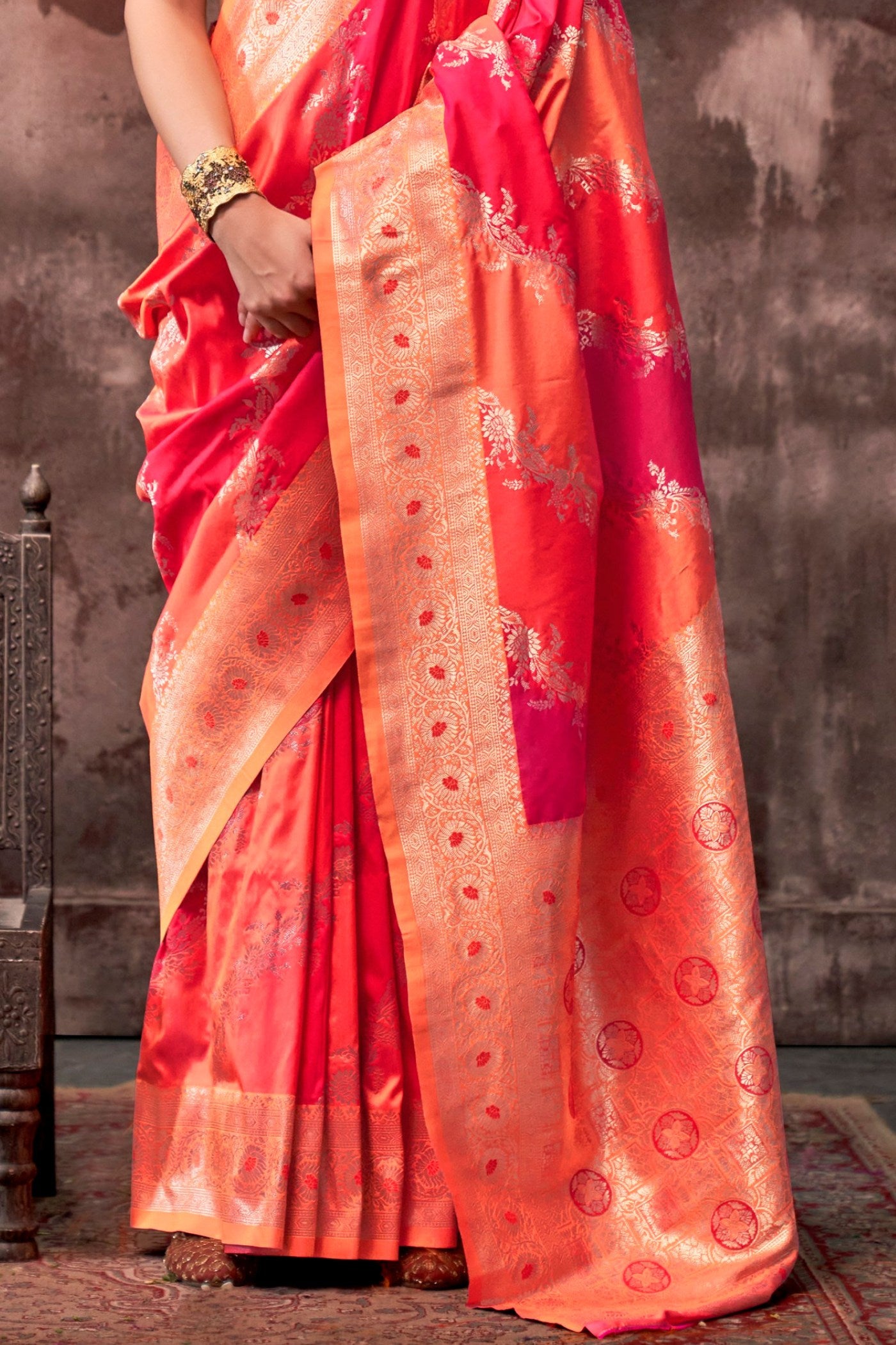 Buy MySilkLove Monarch Orange and Red Rangkaat Handloom Banarasi Saree Online