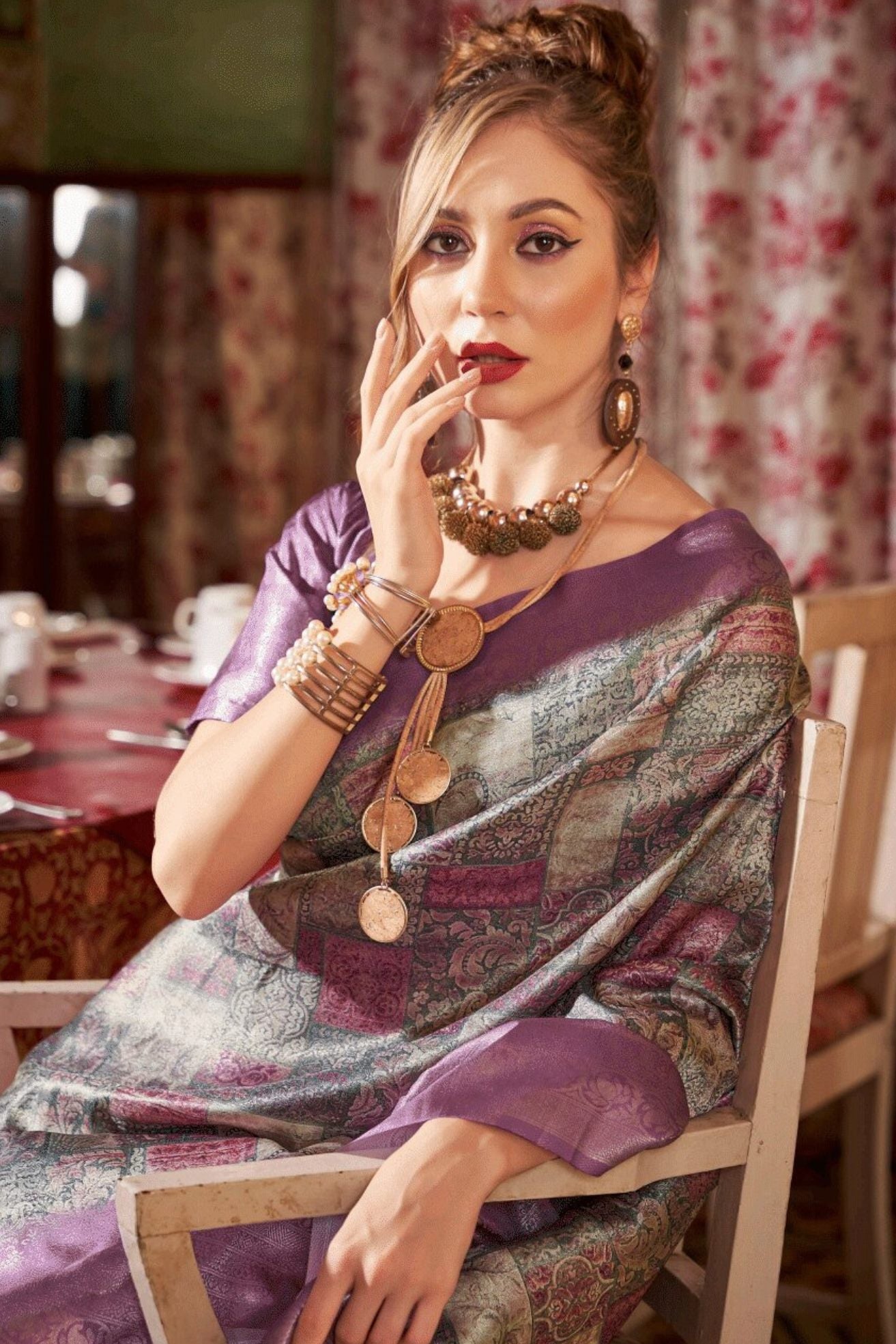 Buy MySilkLove Oriental Purple and Grey Banarasi Digital Printed Saree Online