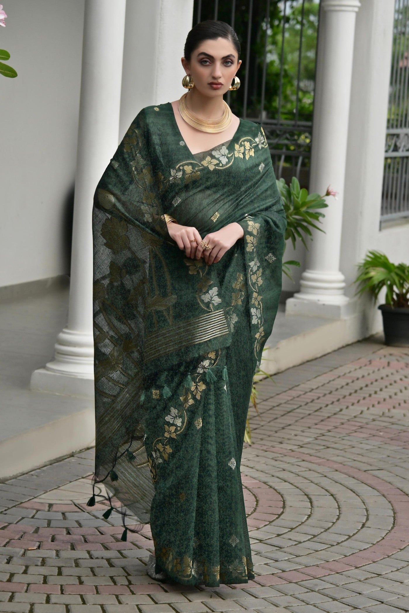 Buy MySilkLove Opal Green Floral Linen Silk Saree Online