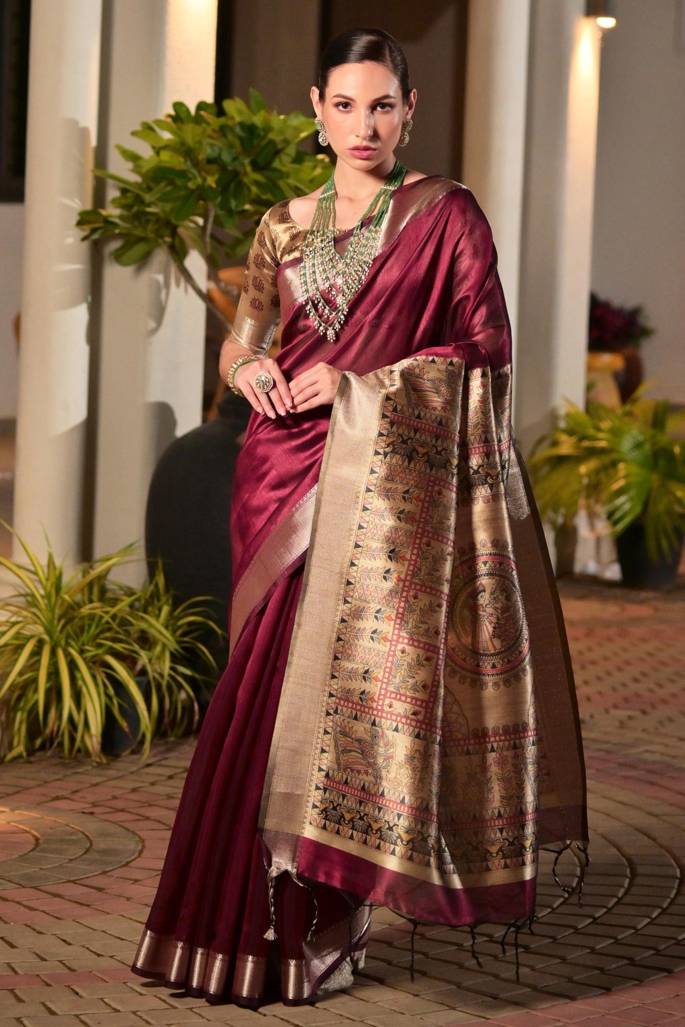 Buy MySilkLove Dark Tan Maroon Tussar Silk Saree Online