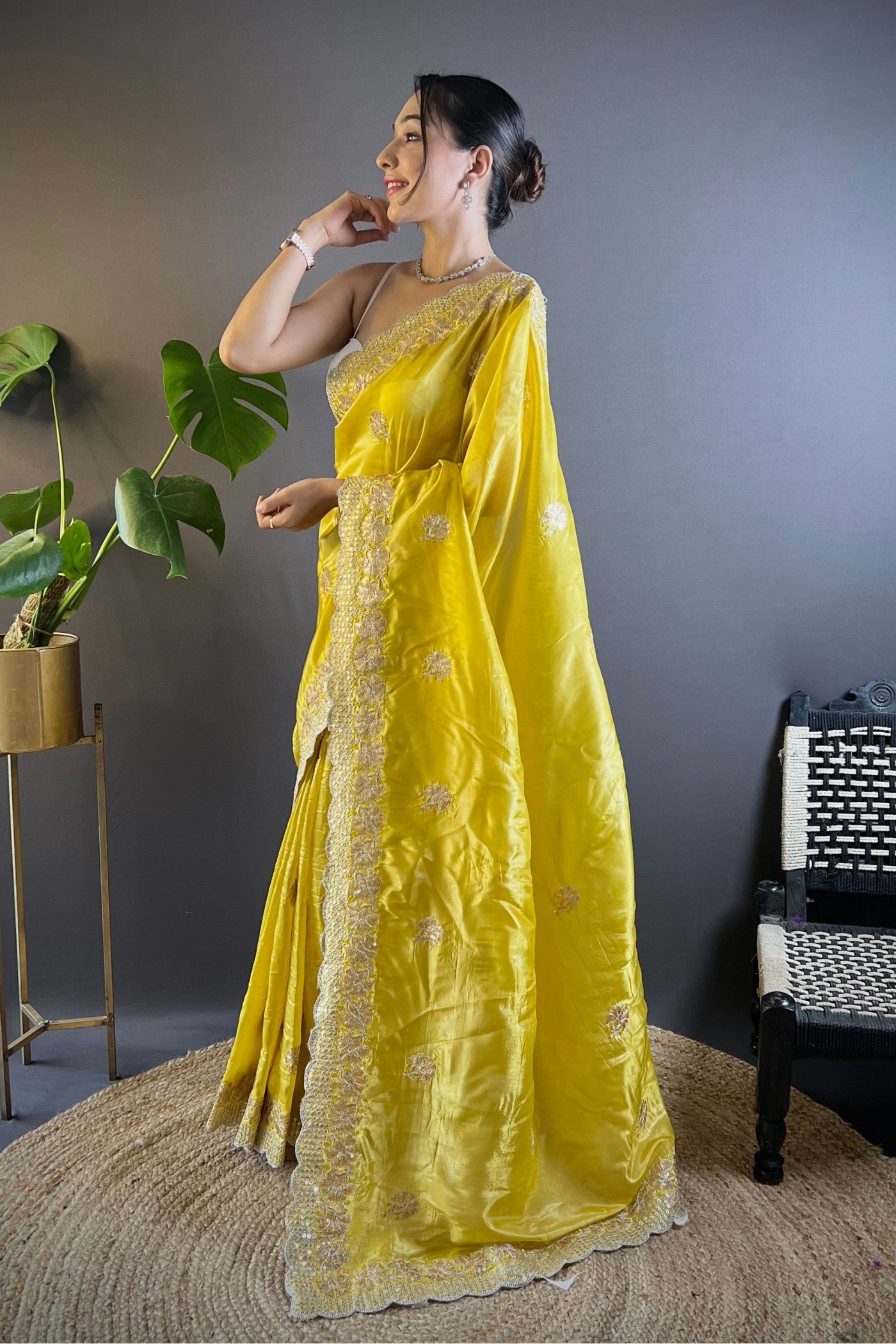 Buy MySilkLove Old Gold Yellow Embroidered Party Wear Saree Online